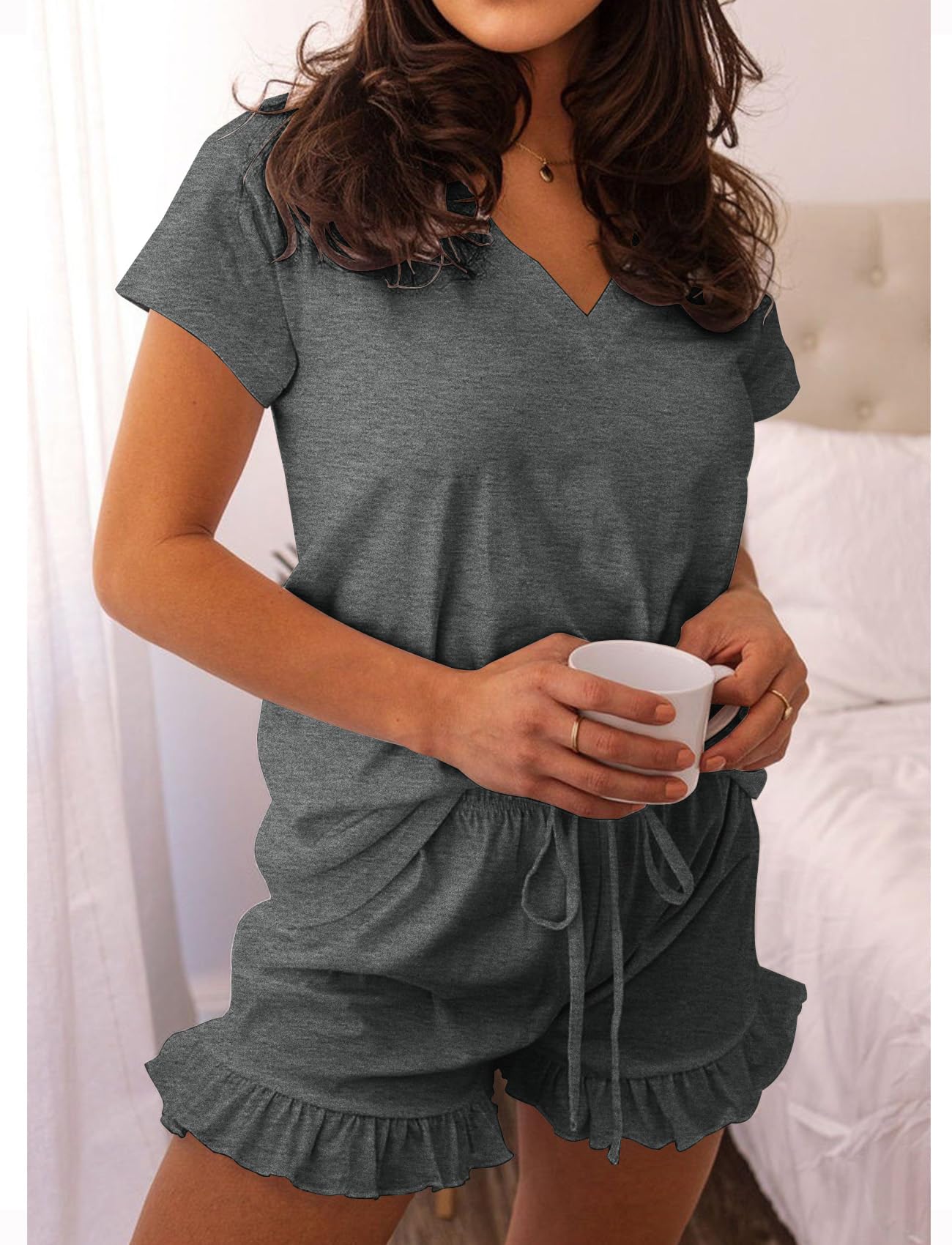 LuckyMore Women's Soft Short Sleeve V-Neck Pajama Set - Breathable Lounge Sleepwear with Comfortable Shorts for Summer Nights & Relaxing at Home