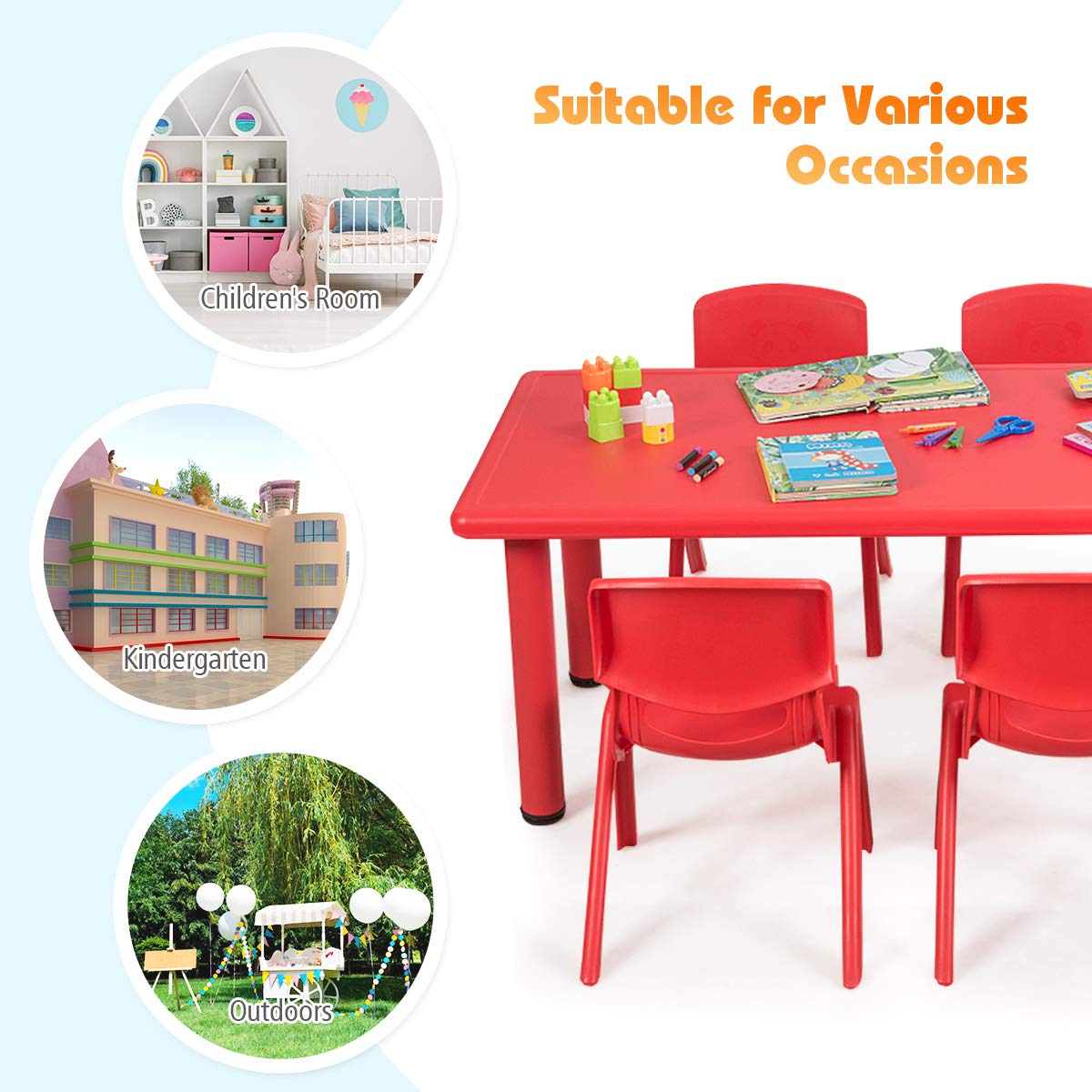 Rectangular Kids Activity Table - Portable Plastic Play Table with Foot Mats for Boys & Girls - Children's Furniture for School, Home, Reading & Dining - Ideal for Playrooms, Classrooms & Daycares (Red)