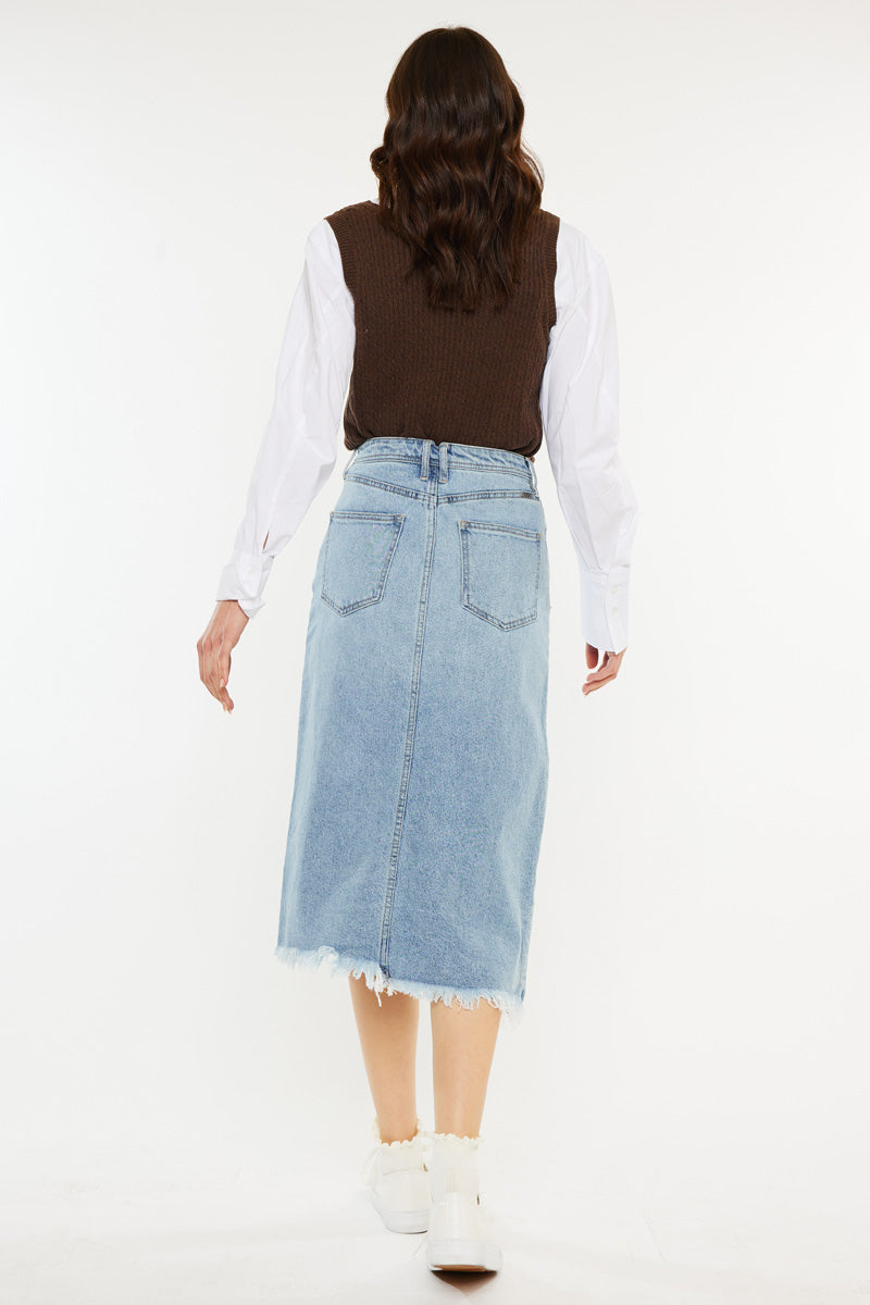 Indigo High Rise Midi Skirt for Women - Stretchy A-Line Denim Skirt with Pockets | Perfect for Casual Outfits, Office Wear & Date Nights