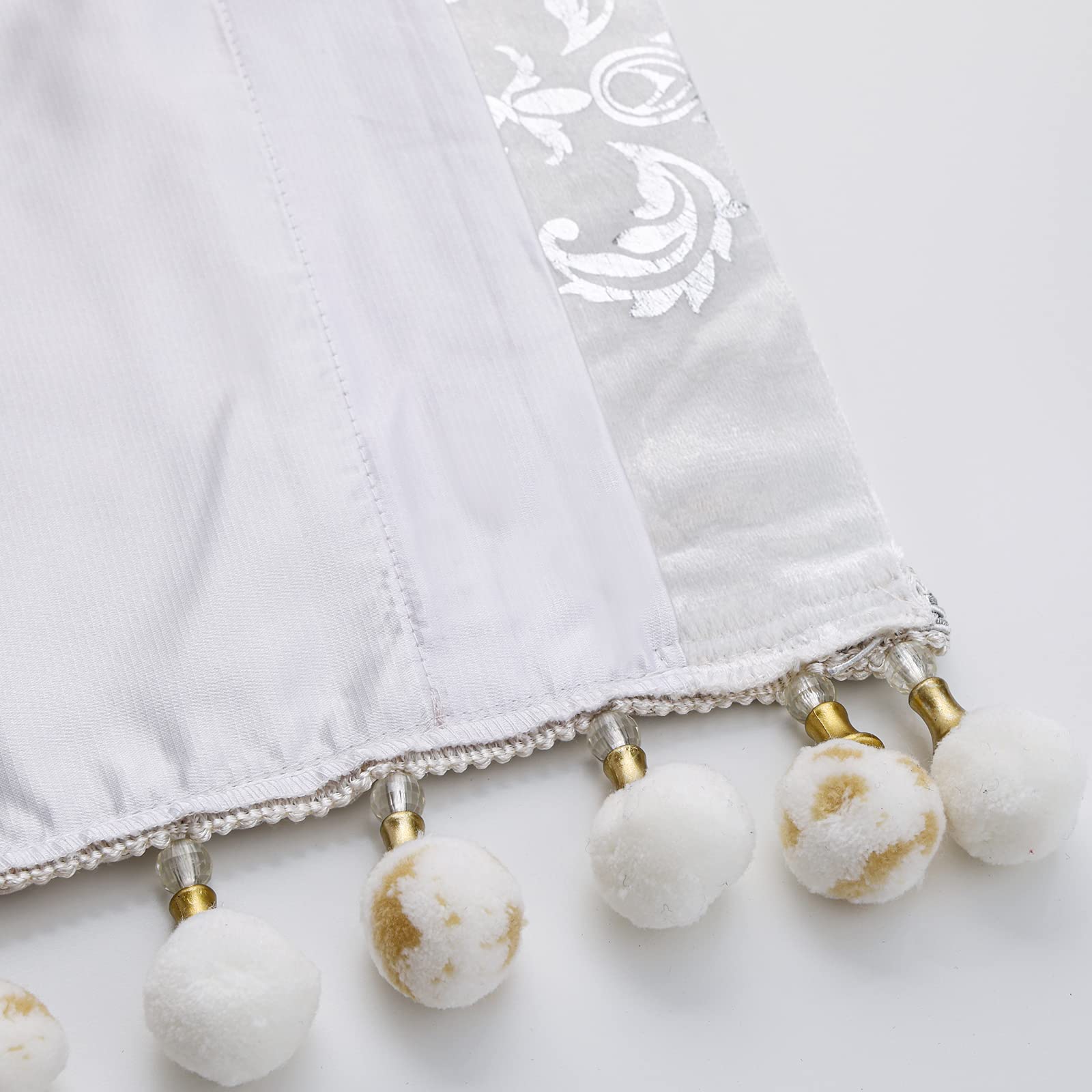 Luxury White Pom Poms Lined Velvet Blackout Curtains Set - 2 Panels, Foil Silver Trim, 52x96 Inches - Elegant Tassel Bedroom & Living Room Drapes for Light Blocking & Privacy