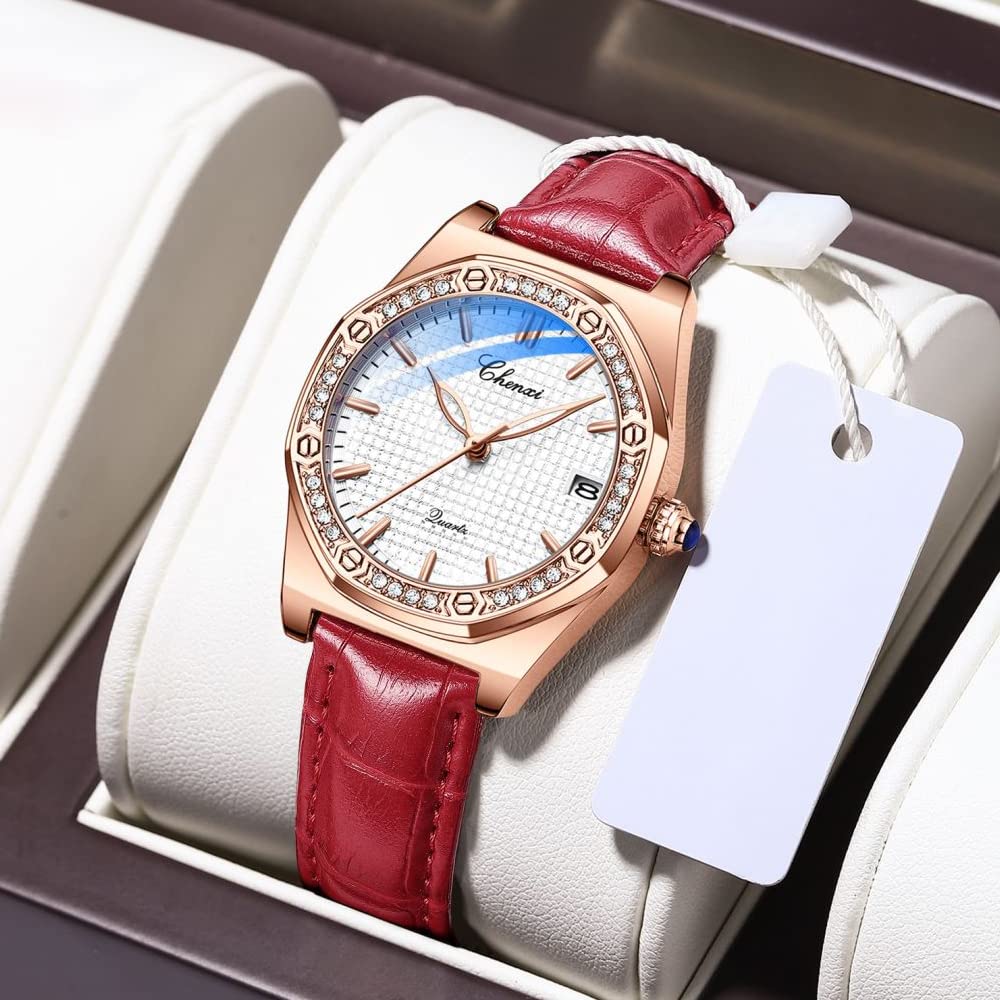 Elegant Women's Quartz Watch with Genuine Leather Strap - Lightweight Fashion Watch in Classic Red Color, Perfect Gift for Women | Ideal for Office, Date Night & Special Occasions