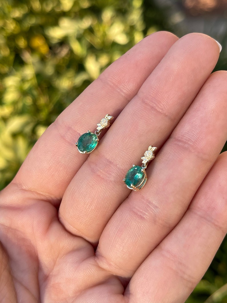 2.0tcw 14K Rose Gold Natural Green Oval Cut Emerald Floral Dangle Earrings for Women - Elegant Jewelry Gift for Bridal, Party & Special Occasions