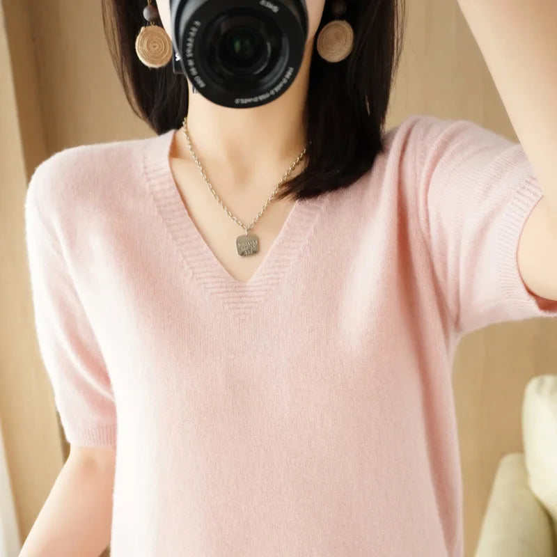 Solid Color V-Neck Half-Sleeve Cashmere Sweater for Women - Soft Thin Knit Casual Top for Office Wear & Fall Layering