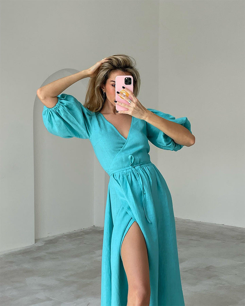 Lovevop Elegant O-Neck Hollow Out Green High Waist Backless Maxi Dress - Perfect for College, Parties, Holidays & Special Occasions