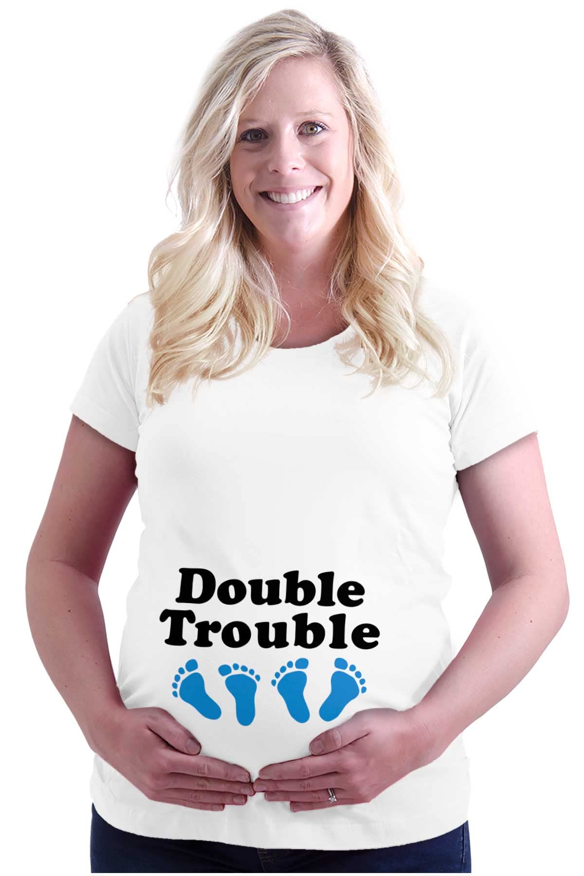 Brisco Brands Women's Maternity T-Shirt - Funny 'Double Trouble Twins Expecting' Pregnancy Tee for Expecting Moms | Perfect for Baby Showers, Pregnancy Announcements & Maternity Photos