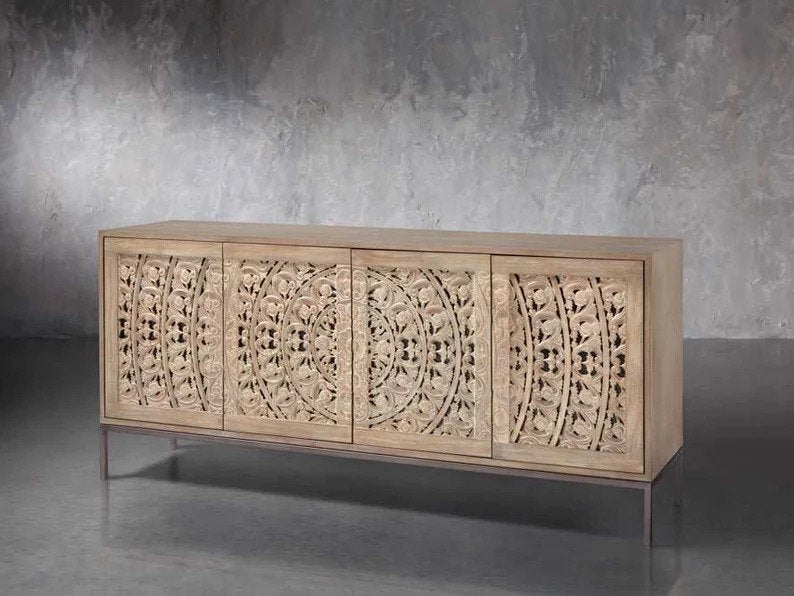 Hand Carved Mandara Media Console TV Stand - Natural Wood Entertainment Center for Living Room, Bedroom & Home Theater