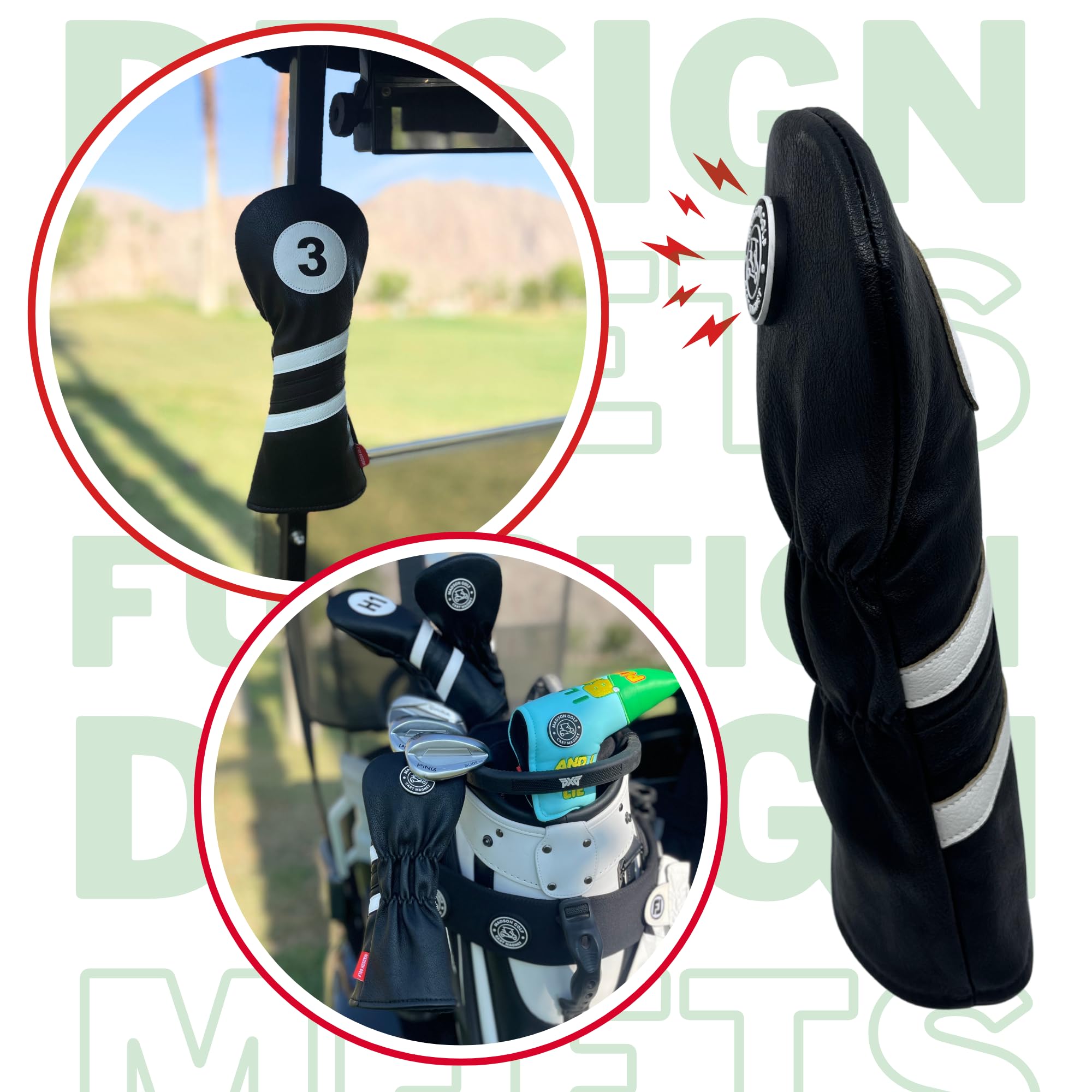 Madson Golf Cart Magnet Headcovers 3-Piece Set - Driver, Fairway Wood & Hybrid Club Head Covers with Secure Rubber Magnet for Quick Access | Perfect for Golf Course, Driving Range & Club Protection During Transport