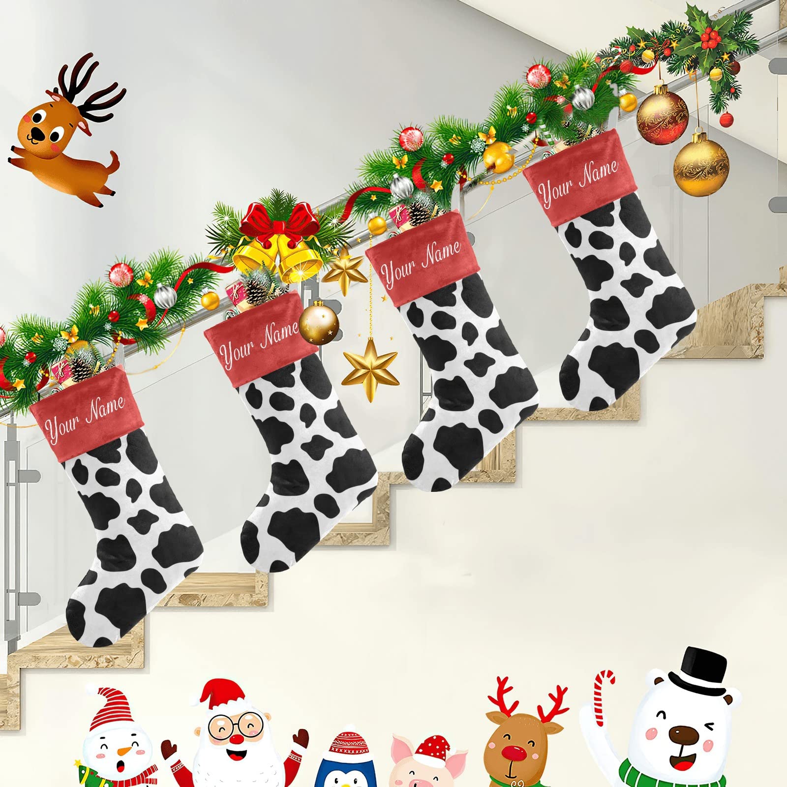 Personalized Cow Print Christmas Stockings - Black & White Custom Name Holiday Stocking Socks for Family, Party & Home Decor (17.52 x 7.87 Inch) - Perfect for Fireplace Mantel, Gift Exchange & Festive Holiday Celebrations