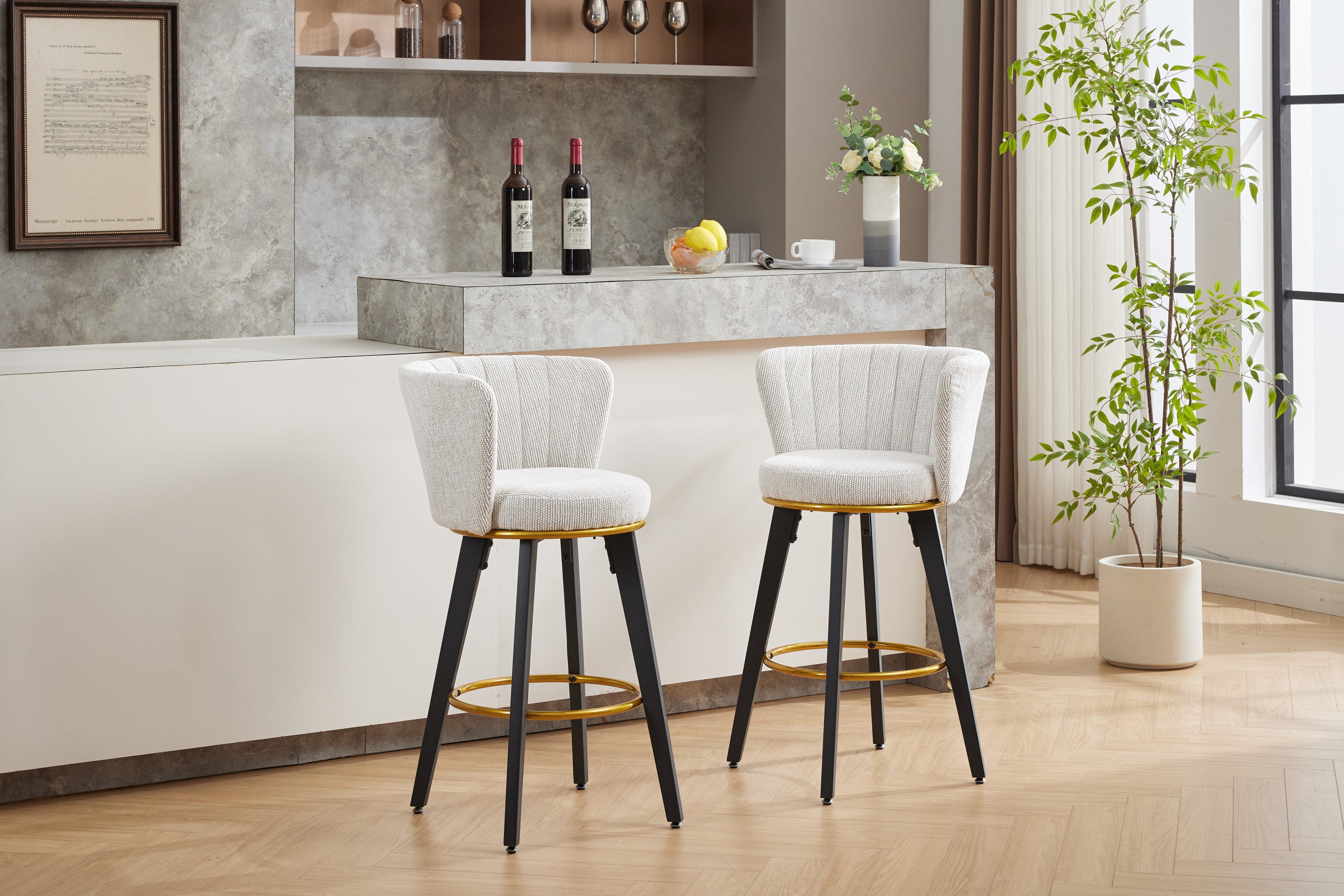 2-Pack Counter Height Bar Stools with 360° Swivel, Upholstered Back & Metal Legs - 26 Inch Seat Height, Velvet Fabric & Gold Footrest - Perfect for Kitchen Islands, Breakfast Bars & Home Decor