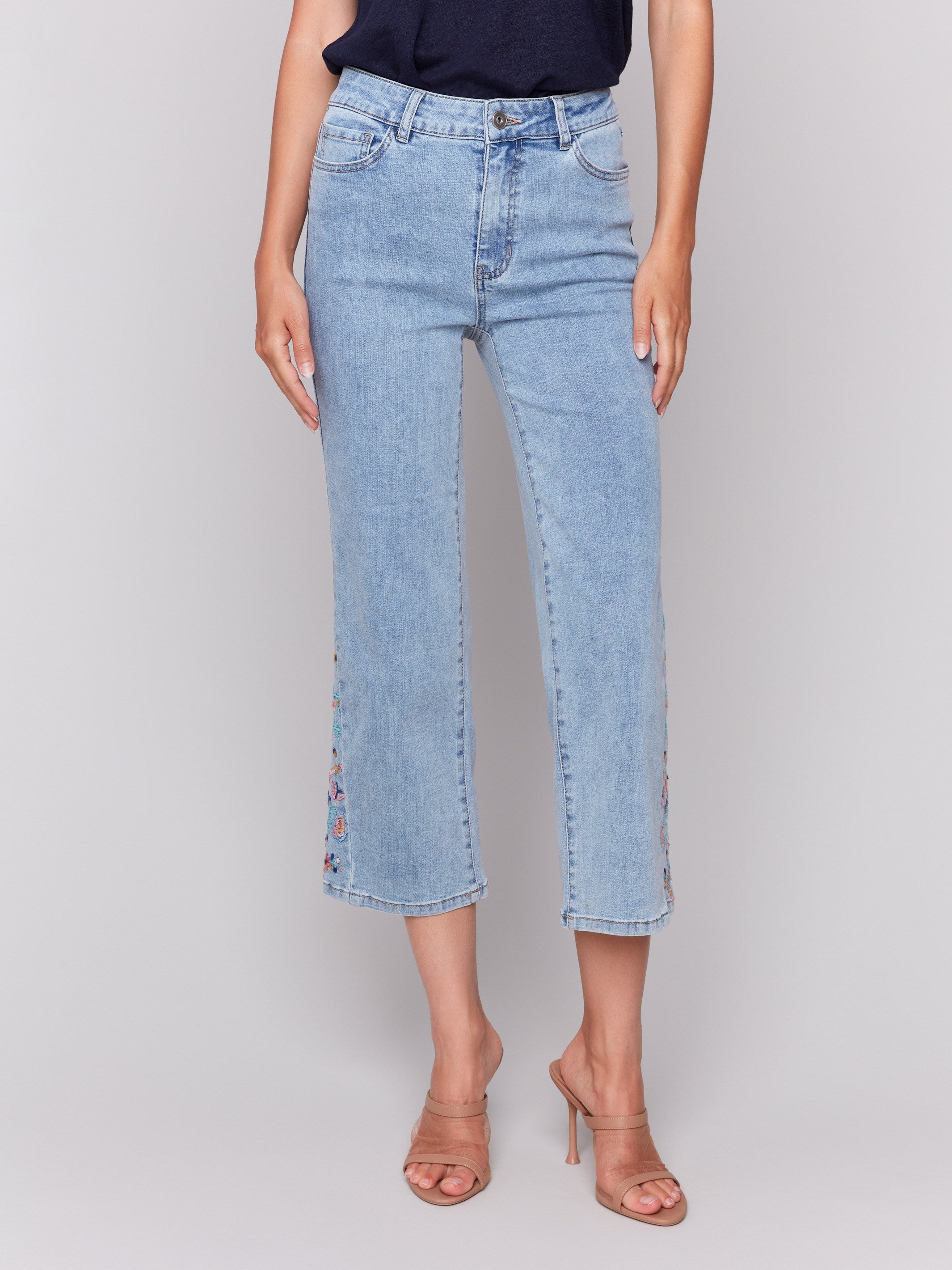 Stylish Cropped Flare Jeans with Side Cut Floral Embroidery - Light Blue Denim for Women | Perfect for Casual Outings & Boho Fashion