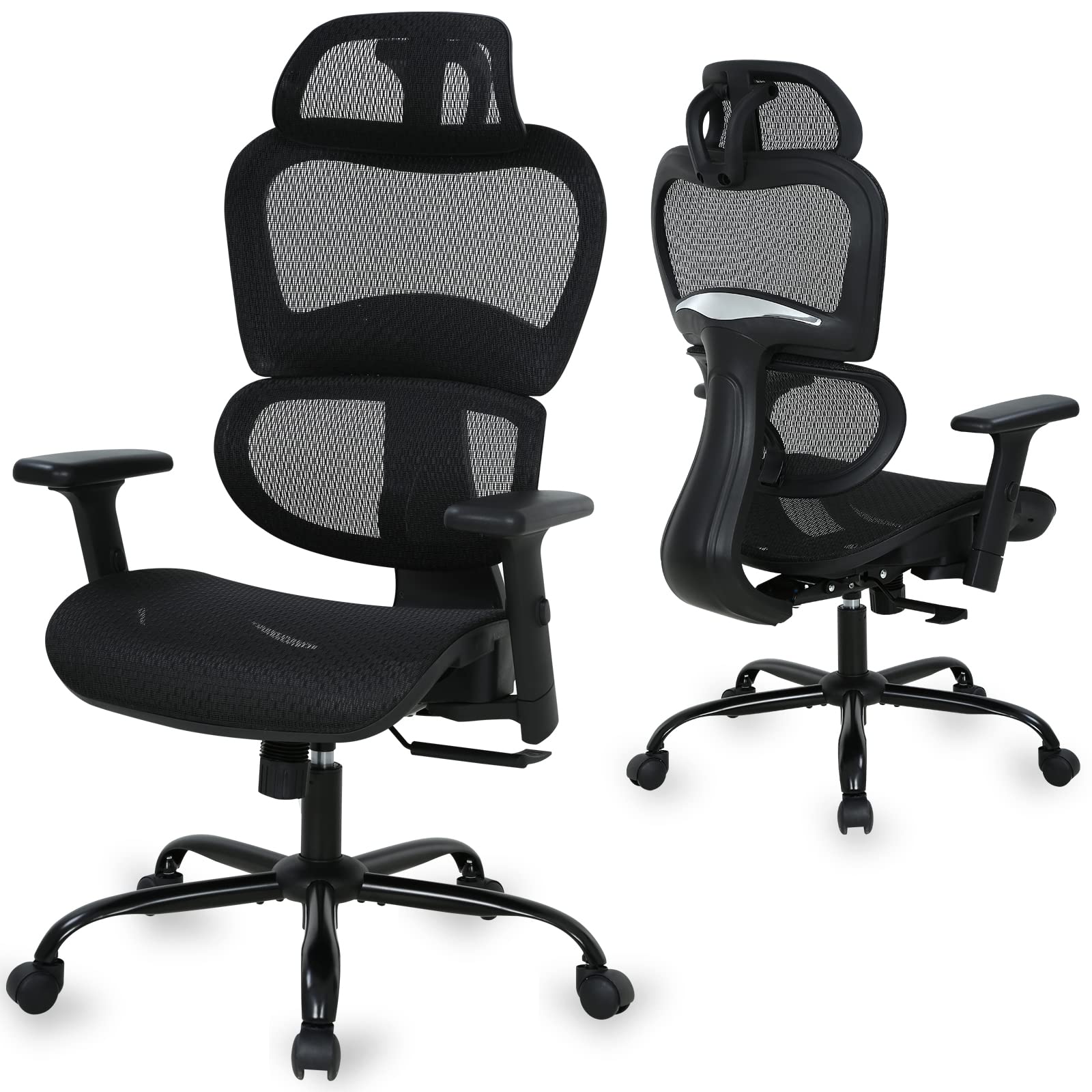 Ergonomic Office Chair - High Back Mesh Computer Desk Chair with Adjustable Lumbar Support, Armrests & Headrest - Swivel Task Chair with Tilt Function for Home & Office Workspace - Black