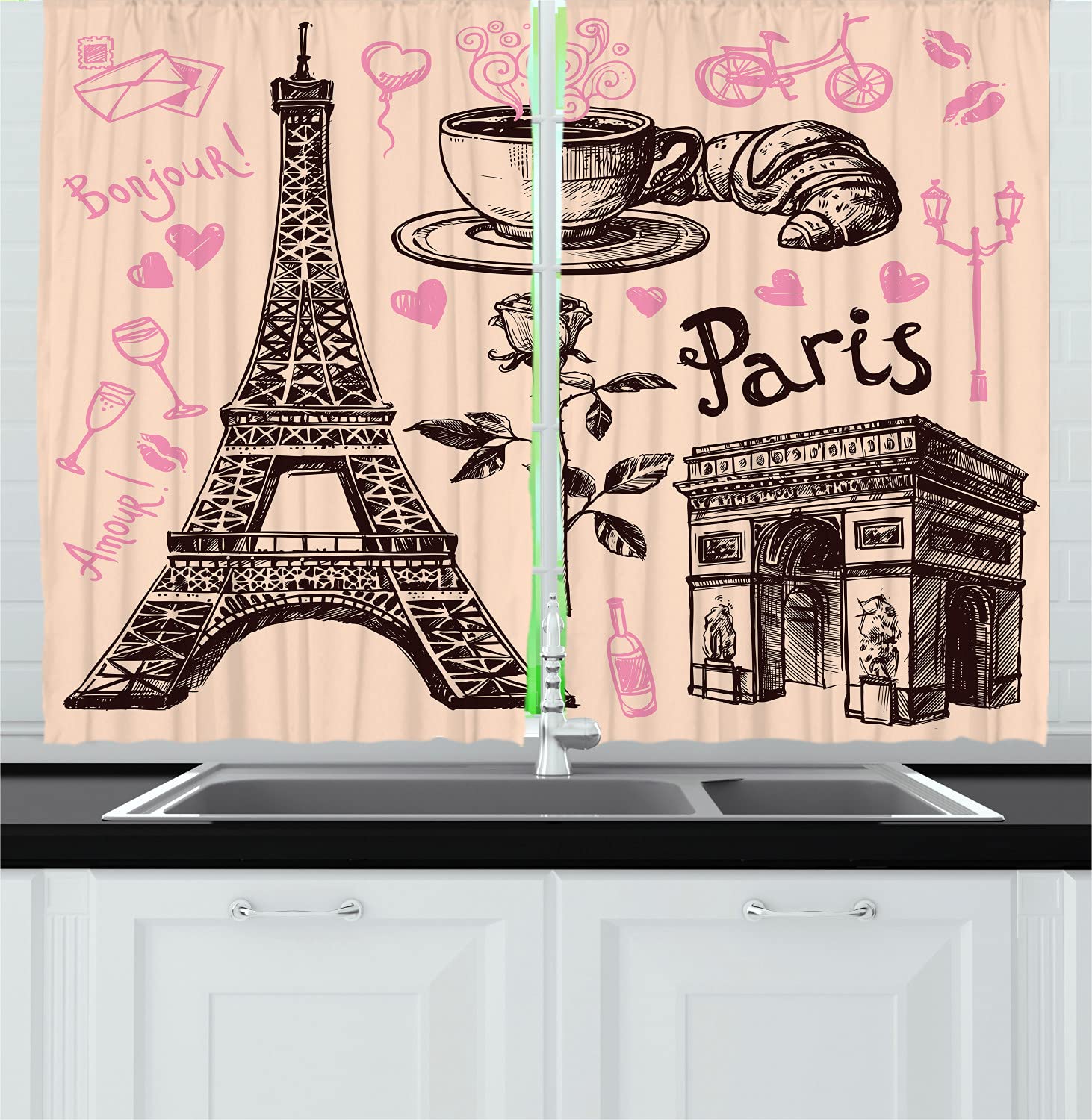 Ambesonne Paris Eiffel Tower Kitchen Curtains - 2 Panel Floral Drapes with Rod Pocket, 55x45 Inches, Pink & Dark Brown | French Bakery Theme for Dining Room, Cafe Decor, Kitchen Window Treatments