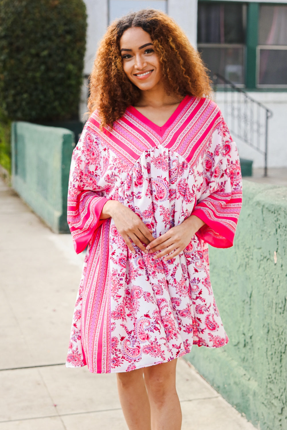 Stylish Red & Pink Paisley Drop Shoulder Kimono Dress for Women | Boho Chic Cover Up | Perfect for Beach, Festival & Summer Outfits
