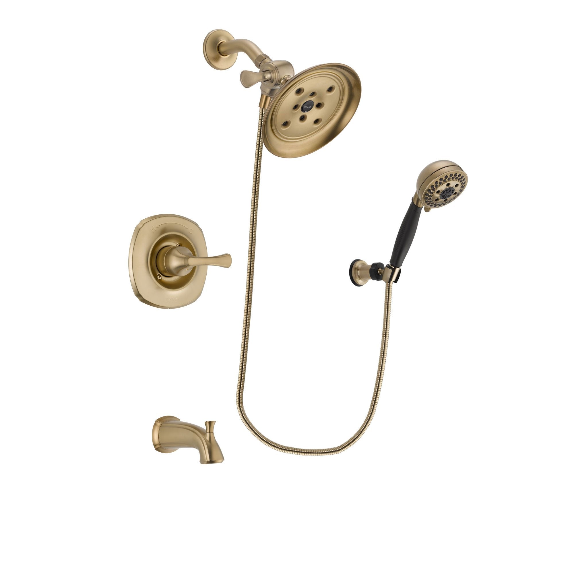 Delta Addison Champagne Bronze Tub and Shower Faucet System with Rain Shower Head & Hand Shower - Complete Bathroom Set with Rough-in Valve & Spout DSP3797V - Perfect for Modern Bathroom Renovations and Luxury Spa Experiences