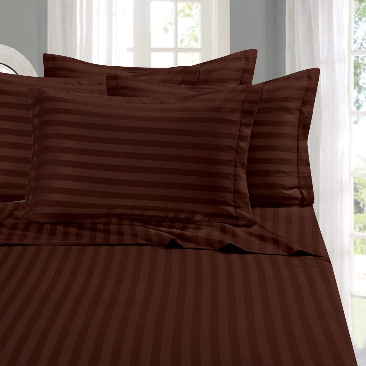Luxurious 1500 Thread Count Egyptian Cotton 6-Piece Queen Bed Sheet Set - Soft, Wrinkle Resistant Damask Stripe Design in Chocolate Brown | Perfect for Master Bedrooms, Guest Rooms & Luxury Hotels