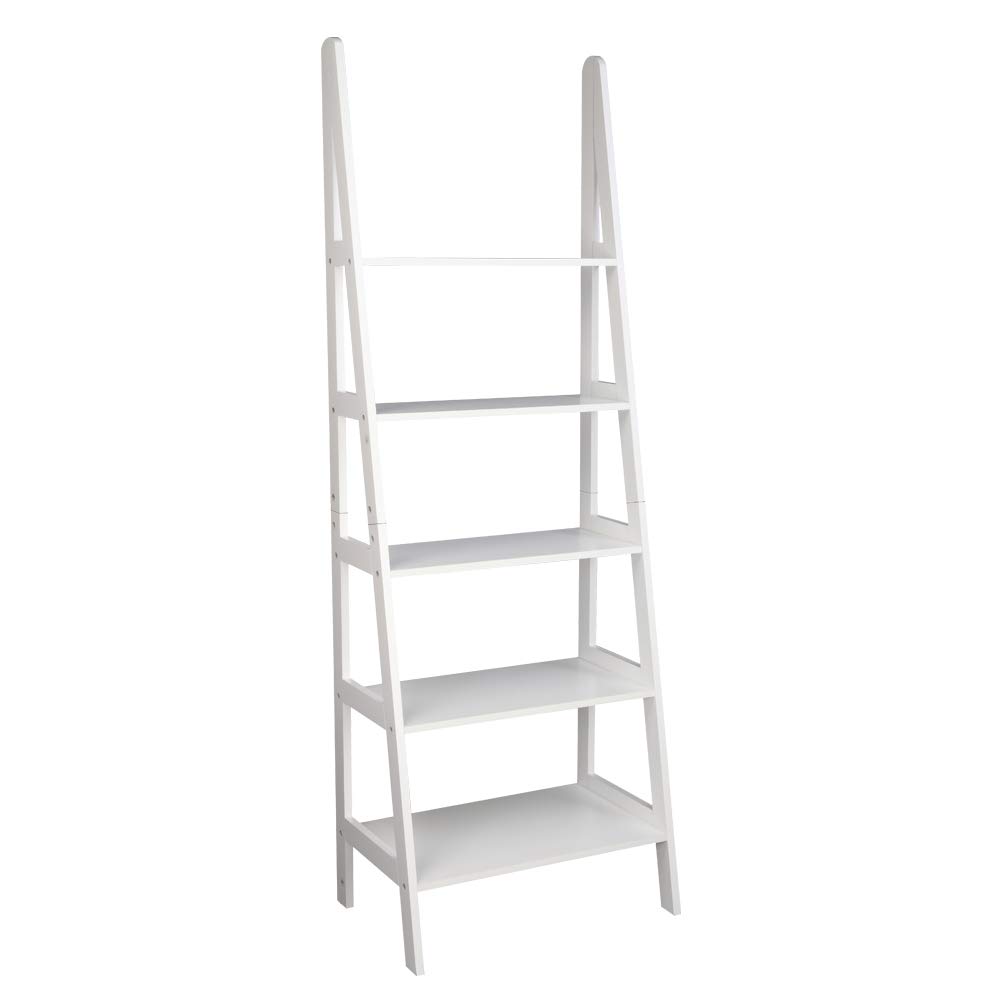 5-Tier Modern Wooden Ladder Shelf - Multifunctional Bookcase, Plant Stand & Home Storage Organizer for Living Room, Bedroom, Office | White Leaning Wall Shelf