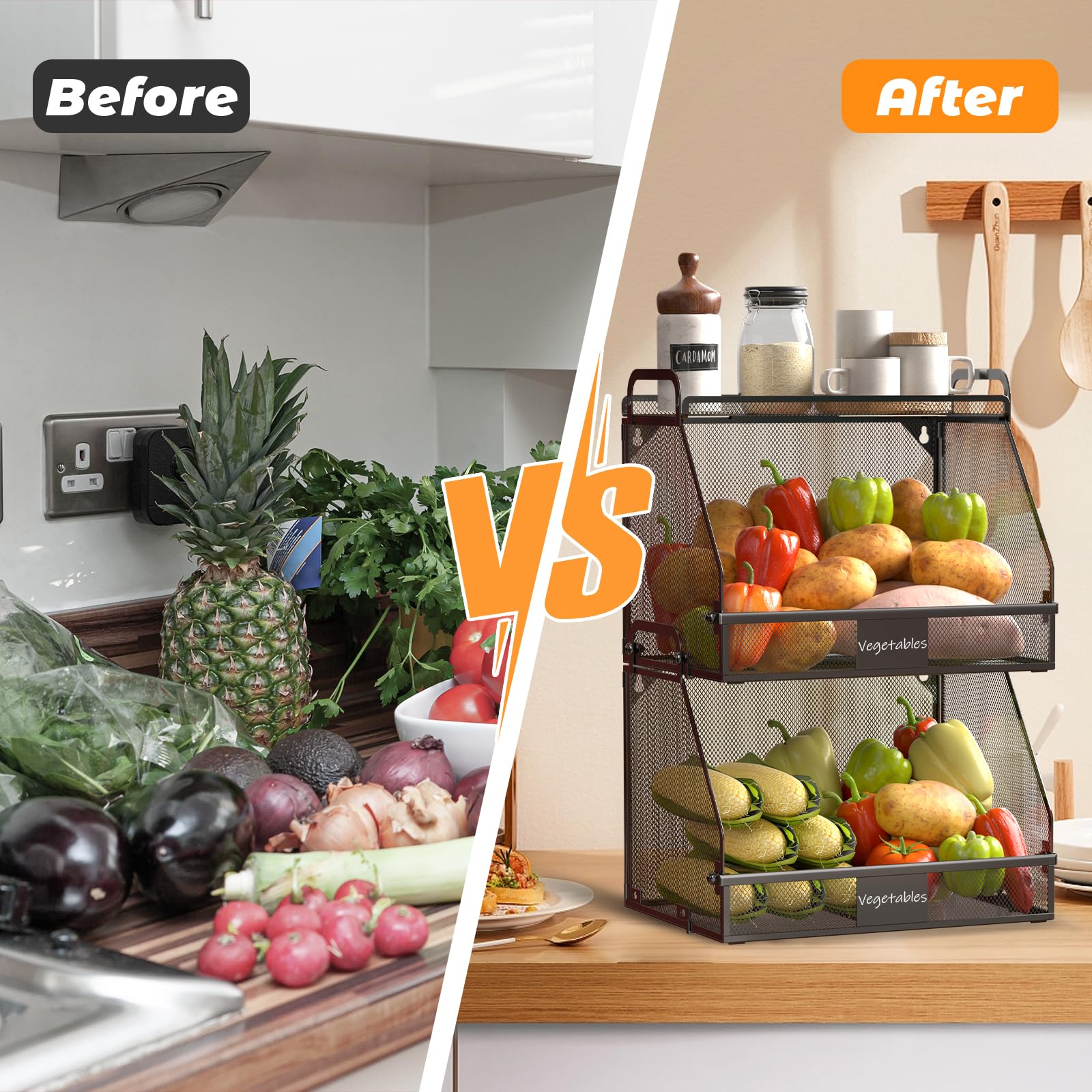 2 Pack Stackable Hanging Fruit Baskets for Kitchen - Onion, Potato & Vegetable Storage - Perfect for Pantry & Wall Organization