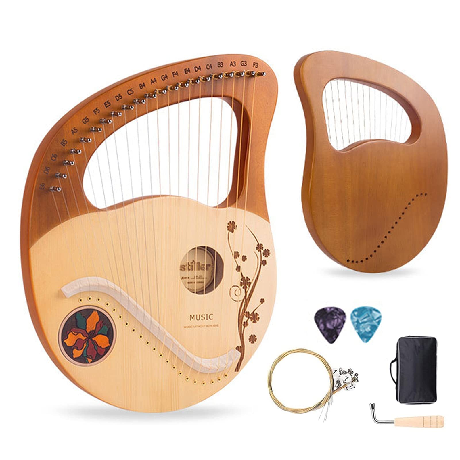 Handmade 21-String Solid Mahogany Lyre Harp with Tuning Wrench, Spare Strings & Carry Bag - Perfect for Beginners, Kids & Adults | Ideal for Home Practice, Music Therapy & Gift Giving