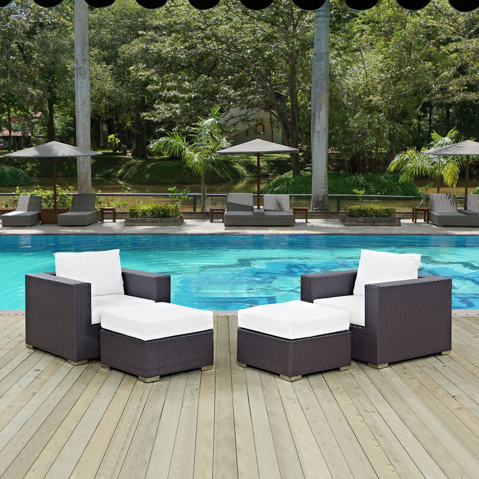 Modway Convene 4-Piece Wicker Rattan Outdoor Patio Furniture Set - Espresso White Color - Perfect for Backyard, Garden, Poolside & Patio Relaxation