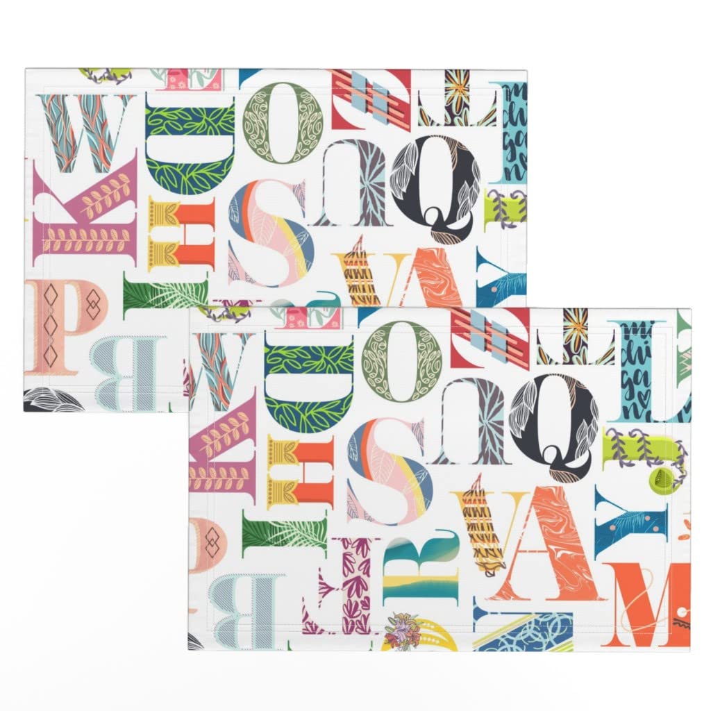 Spoonflower Linen Cotton Canvas Placemats Set of 2 - ABC Letters Nursery Baby Kids Colorful Cute Print Cloth Placemats for Dining Table, Kitchen Decor, Baby Shower Gift