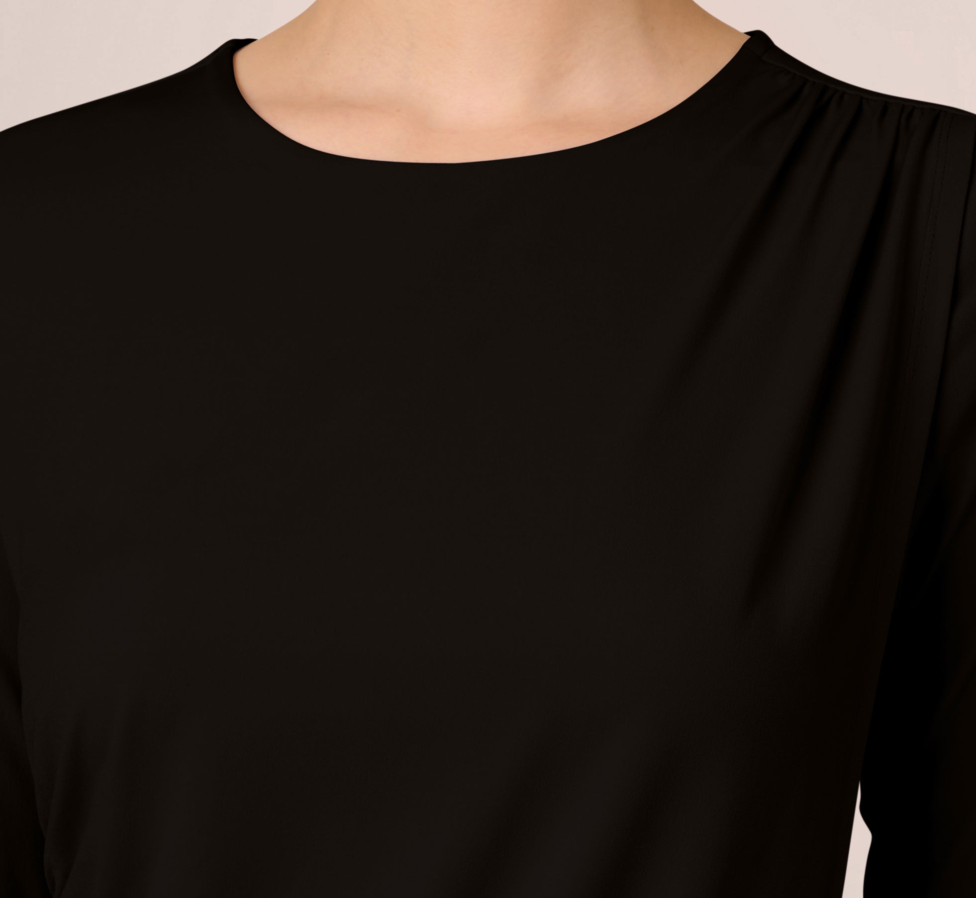 Stylish Three Quarter Sleeve Draped Jersey Top with Shirred Sides - Black Women's Fashion Top for Casual Wear, Office Outfits & Date Nights