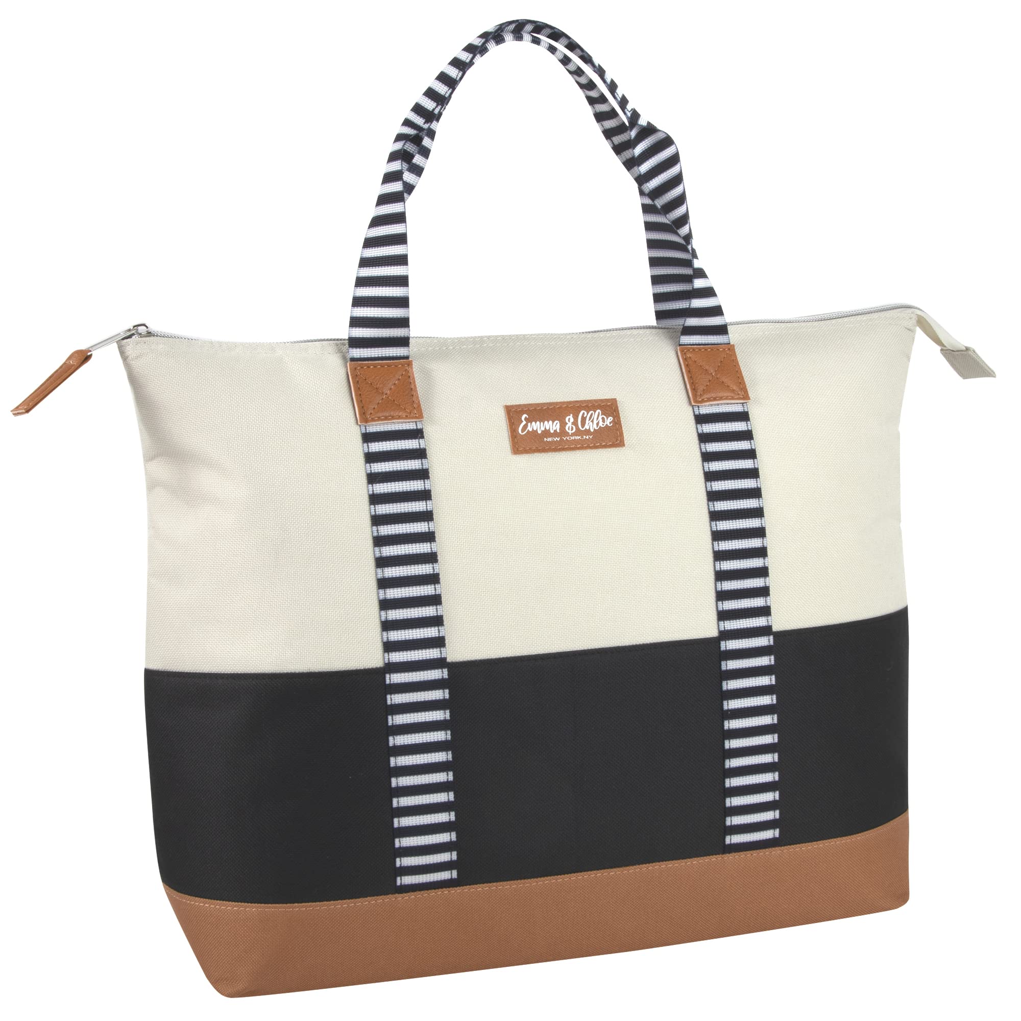 Extra Large Insulated Lunch Tote for Women - 20 Can Capacity Cooler Bag by Emma & Chloe (Black & White) | Perfect for Work, Picnics & Beach Outings