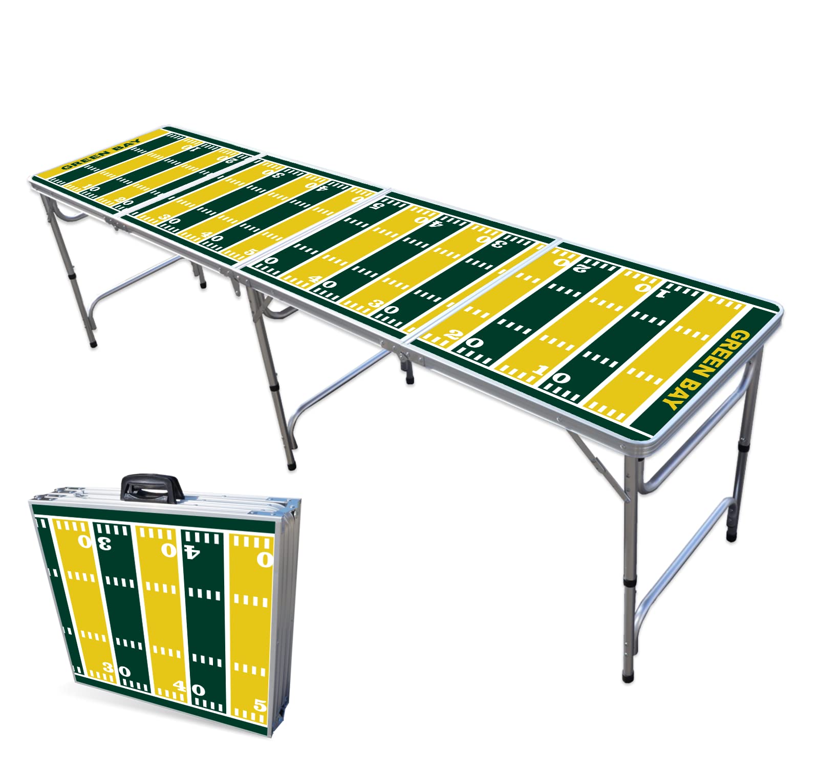 8-Foot Folding Portable Beer Pong Table with LED Lights & Cup Holders - Green Bay Packers Football Field Design - Perfect for Tailgates, Parties & Outdoor Games