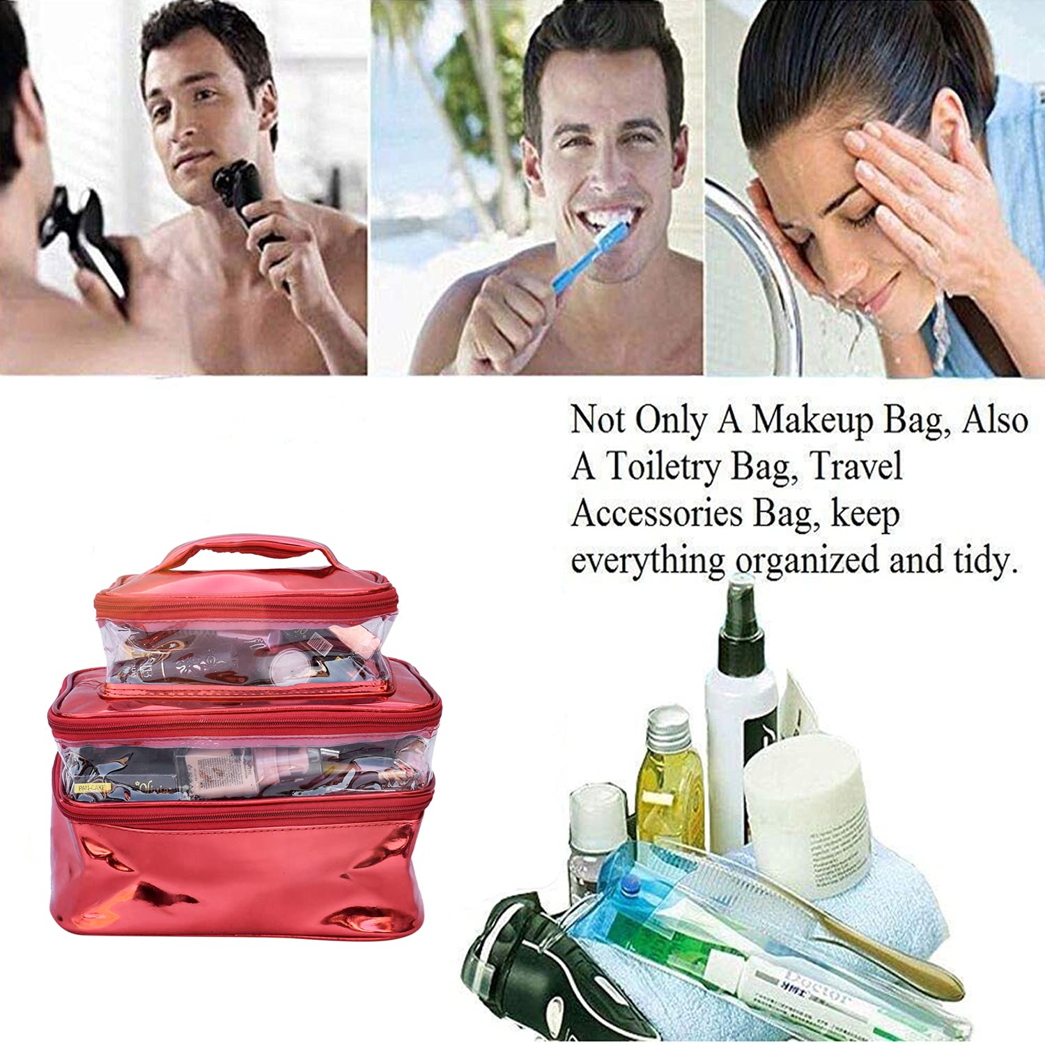 NA PURSE Red Makeup Box Cosmetic Bag & Pouch (3-Fold) - Travel Organizer for Cosmetics, Toiletries, Jewelry | Perfect for Women's Handbag, Gym, Vacation Essentials