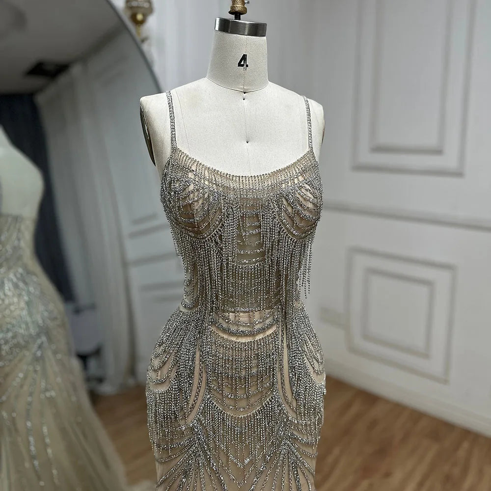 Elegant Silver Nude Spaghetti Strap Mermaid Evening Gown with Beaded Tassels - Dubai Luxury Formal Dress for Prom, Gala & Special Occasions - LA72772