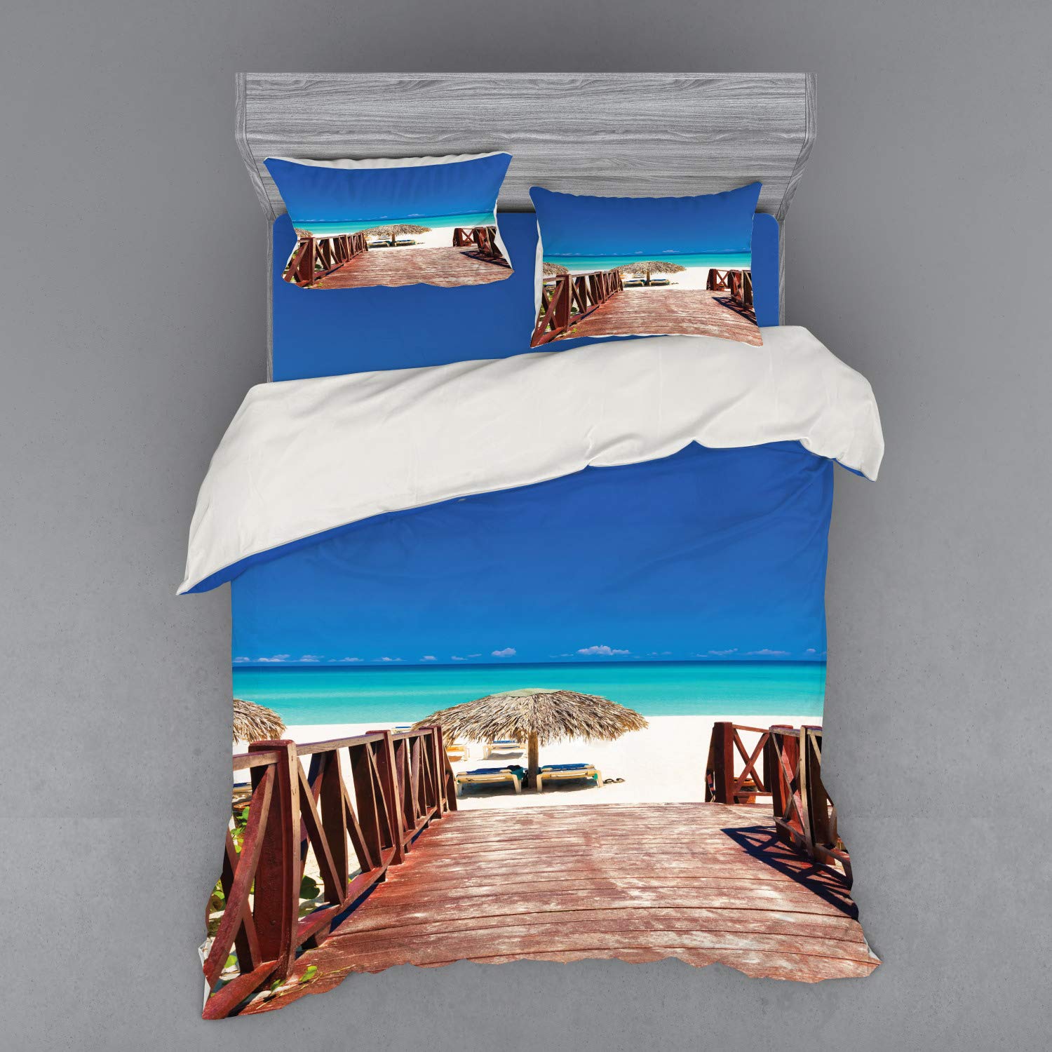 Ambesonne Beach Duvet Cover Set - 4 Piece Queen Size Bedding with Shams & Fitted Sheet | Tropical Cuba Summer Ocean Design in Chocolate Navy Turquoise | Perfect for Beach House, Vacation Rental & Coastal Bedroom Decor