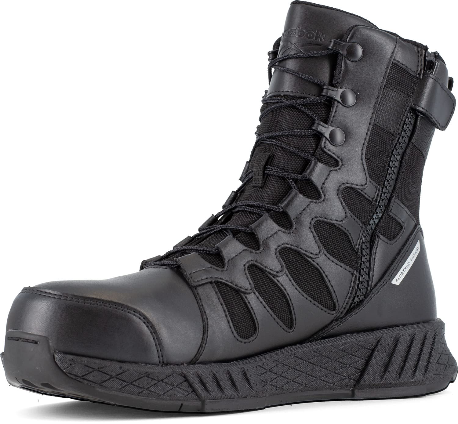 Reebok Work Floatride Energy Tactical Men's Composite Toe Work Boots - Black, 8 Inch Side-Zip, Electrical Hazard (EH) Rated, Slip-Resistant - Ideal for Construction, Warehouse & Tactical Professionals
