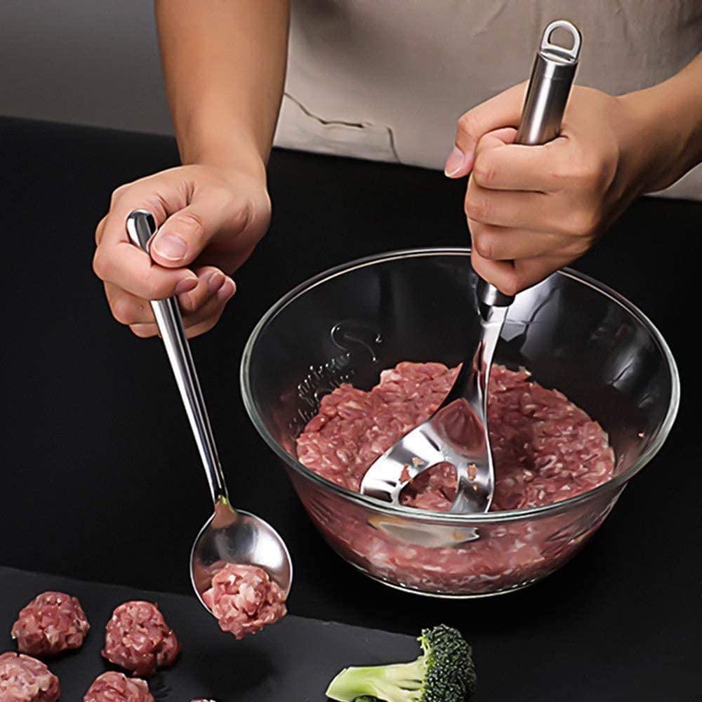 Stainless Steel Meatball Maker Spoon with Hole - 2 Pack Non-Stick Meat Ball Scooper for Cooking, Fish Balls & Rice Balls - Perfect Kitchen Tool for Home Chefs & Meal Prep (Silver) | Ideal for Italian Dishes, Asian Cuisine & Family Dinners