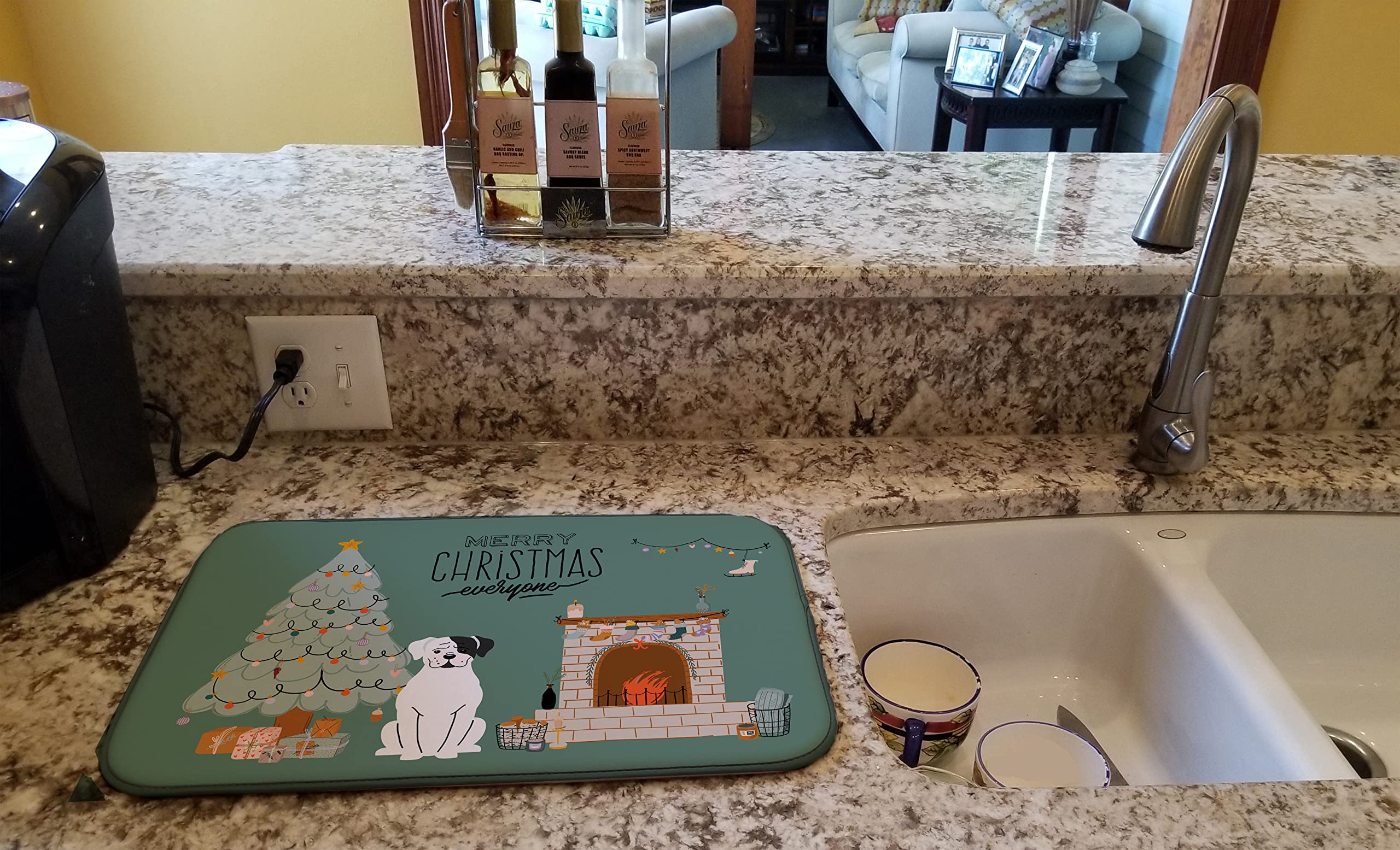 White Boxer Christmas Dish Drying Mat - Absorbent Kitchen Counter Pad (14x21