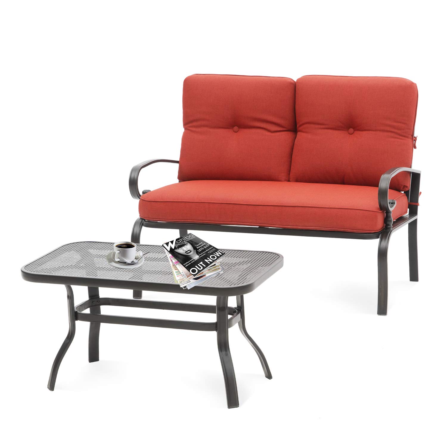 Oakmont Outdoor 2-Piece Patio Loveseat Bench Set with Thick Cushions & Coffee Table - Wrought Iron Look Metal Furniture (Red) - Perfect for Garden, Backyard, and Poolside Relaxation