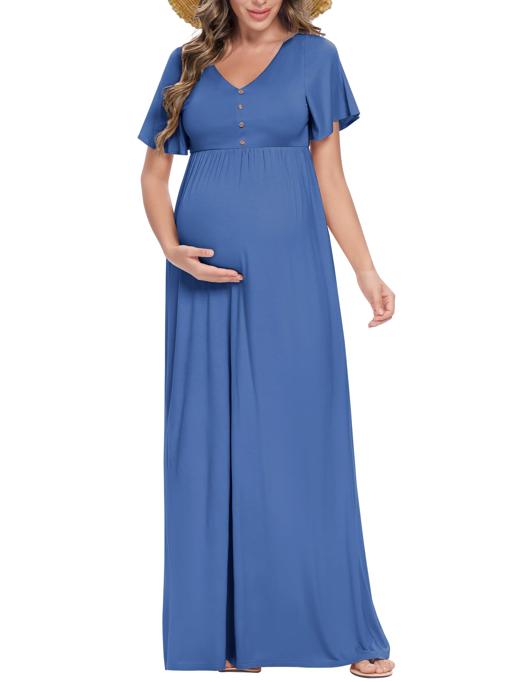 Peauty Summer Maternity Dresses for Women - Flowy Photoshoot & Baby Shower Dress with Decorative Buttons | Comfortable Pregnancy Outfit for Beach, Party & Special Occasions