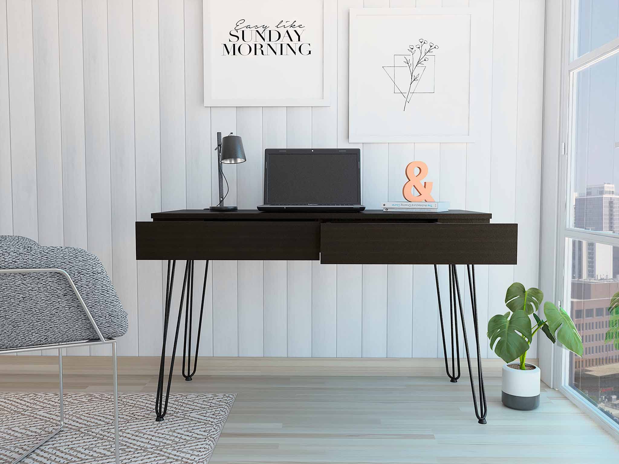 Modern Black Oakland Writing Desk with 2 Drawers & Hairpin Legs - Compact Home Office Desk for Small Spaces, Study or Bedroom Workspace