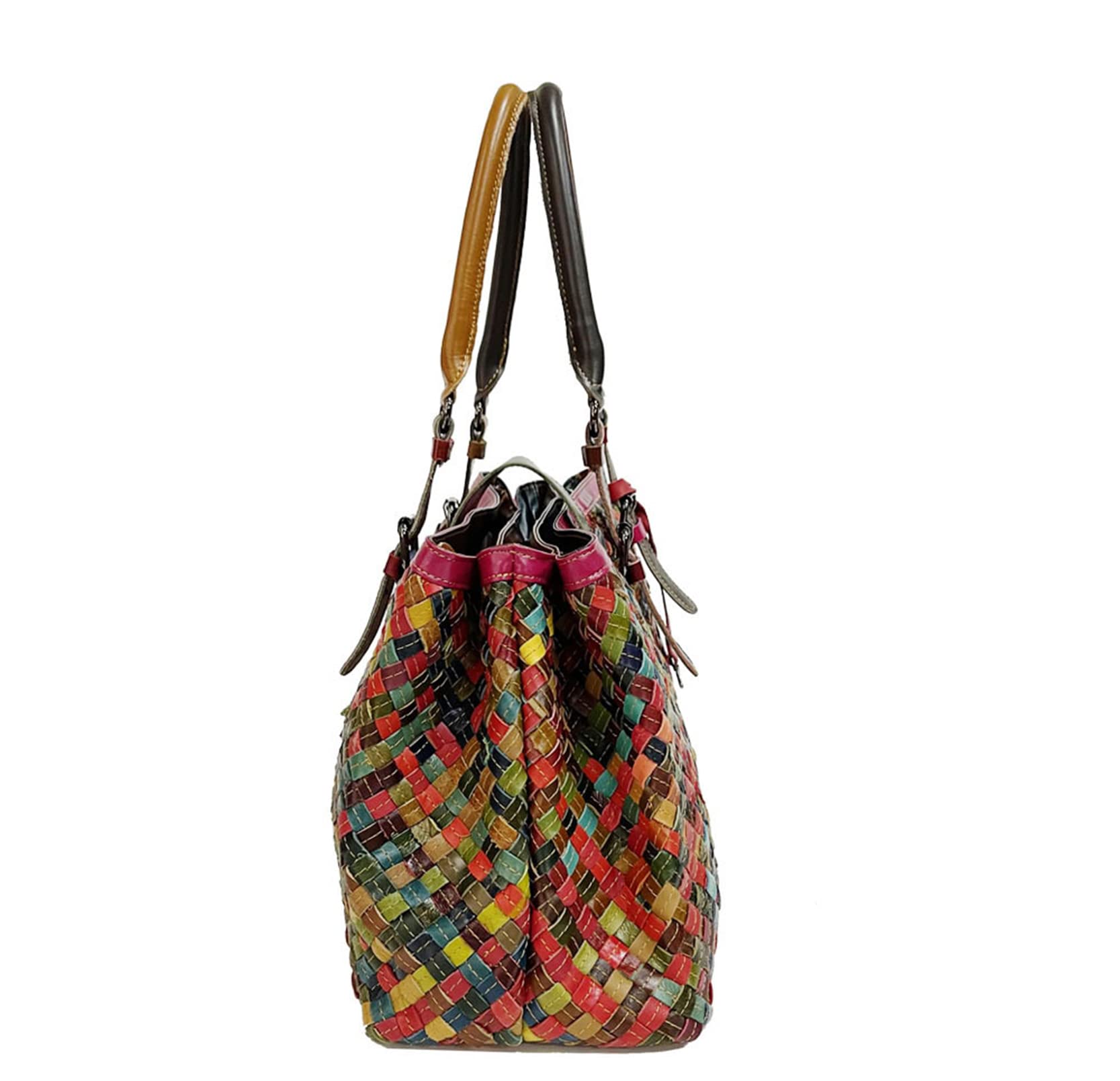 Women's Designer Genuine Leather Handbag - Multicolor Splicing Woven Satchel Purse with Top Handle, Shoulder Strap & Crossbody Option | Perfect for Work, Travel & Everyday Use