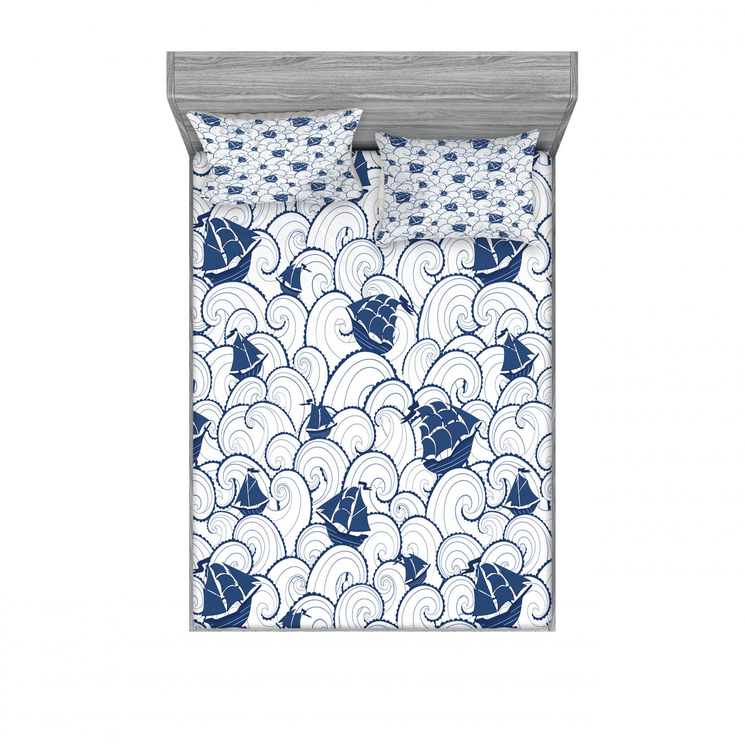 Ambesonne Nautical 2-Piece Full Size Fitted Sheet Set with 4 Pillow Shams - Boat Ocean Journey Blue White Marine Theme Bedding - Perfect for Beach House, Guest Room & Coastal Decor