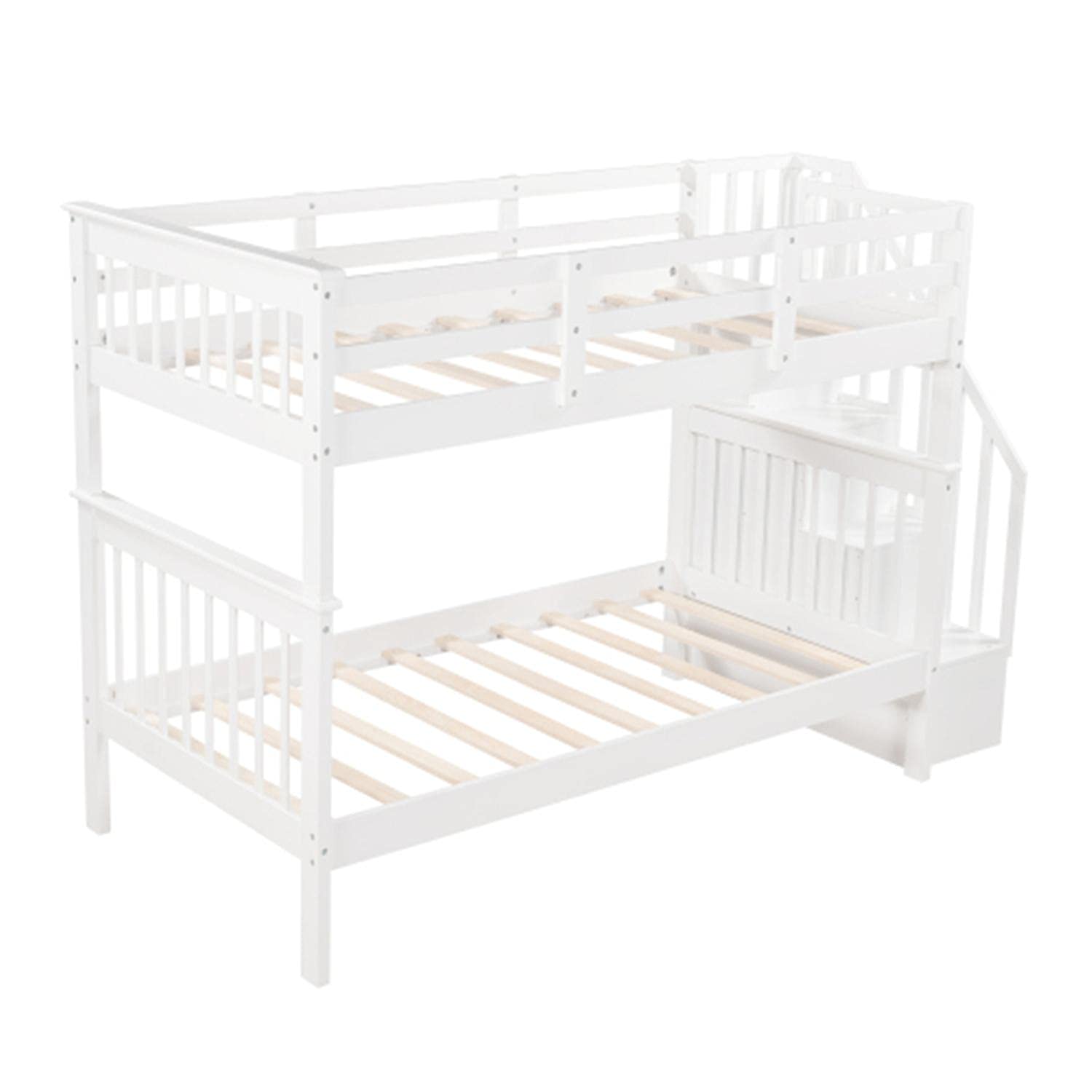 Twin Over Twin Bunk Bed with Storage Shelves & Ladder - Sturdy Wood Frame with Safety Guardrail for Kids & Teens - Space-Saving Bedroom Solution for Small Rooms, Dorms, or Vacation Homes - White