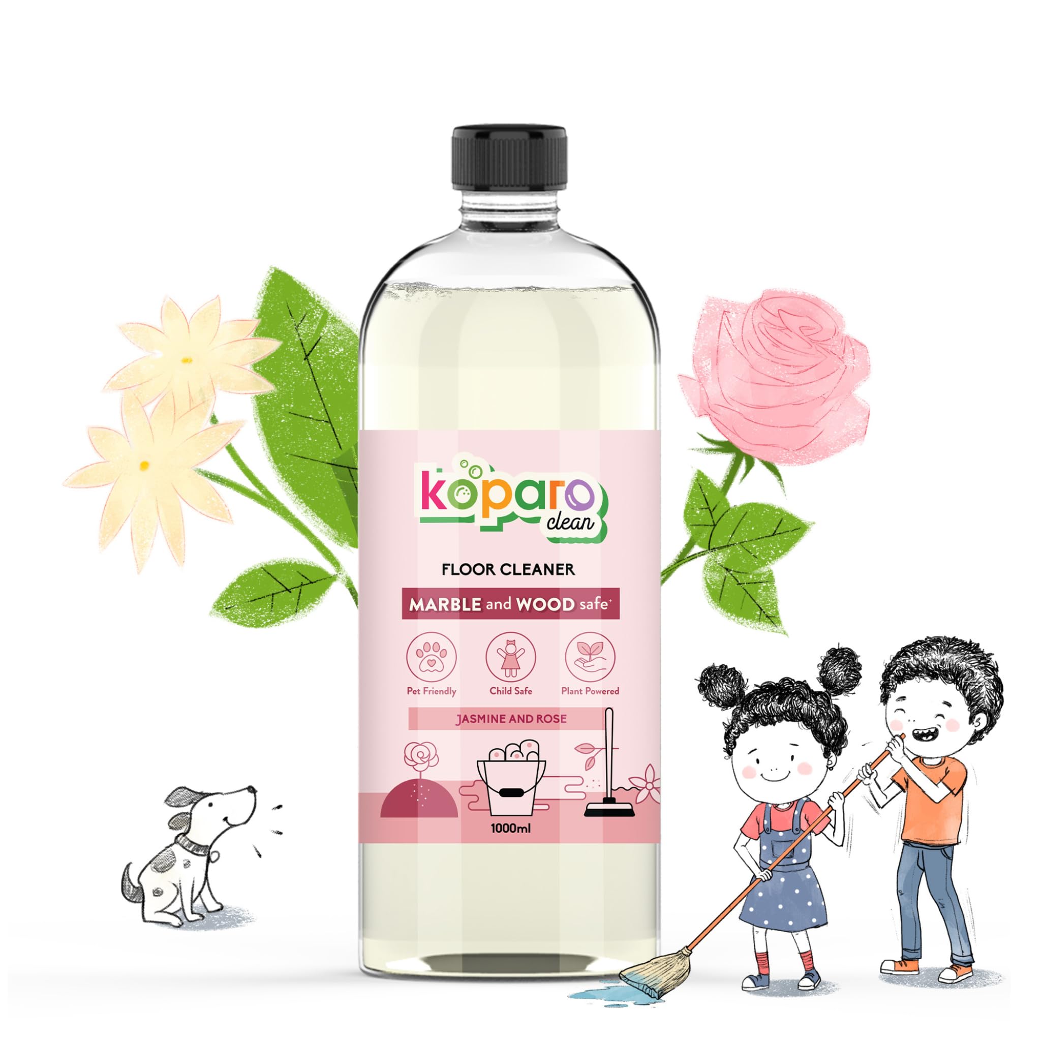 Koparo Natural Disinfectant Floor Cleaner Liquid - 1000ml | Jasmine Scented Eco-Friendly Tile & Marble Cleaner | Non-Toxic, Skin Safe, Baby & Pet Friendly | Perfect for Kitchen, Bathroom & Hardwood Floors