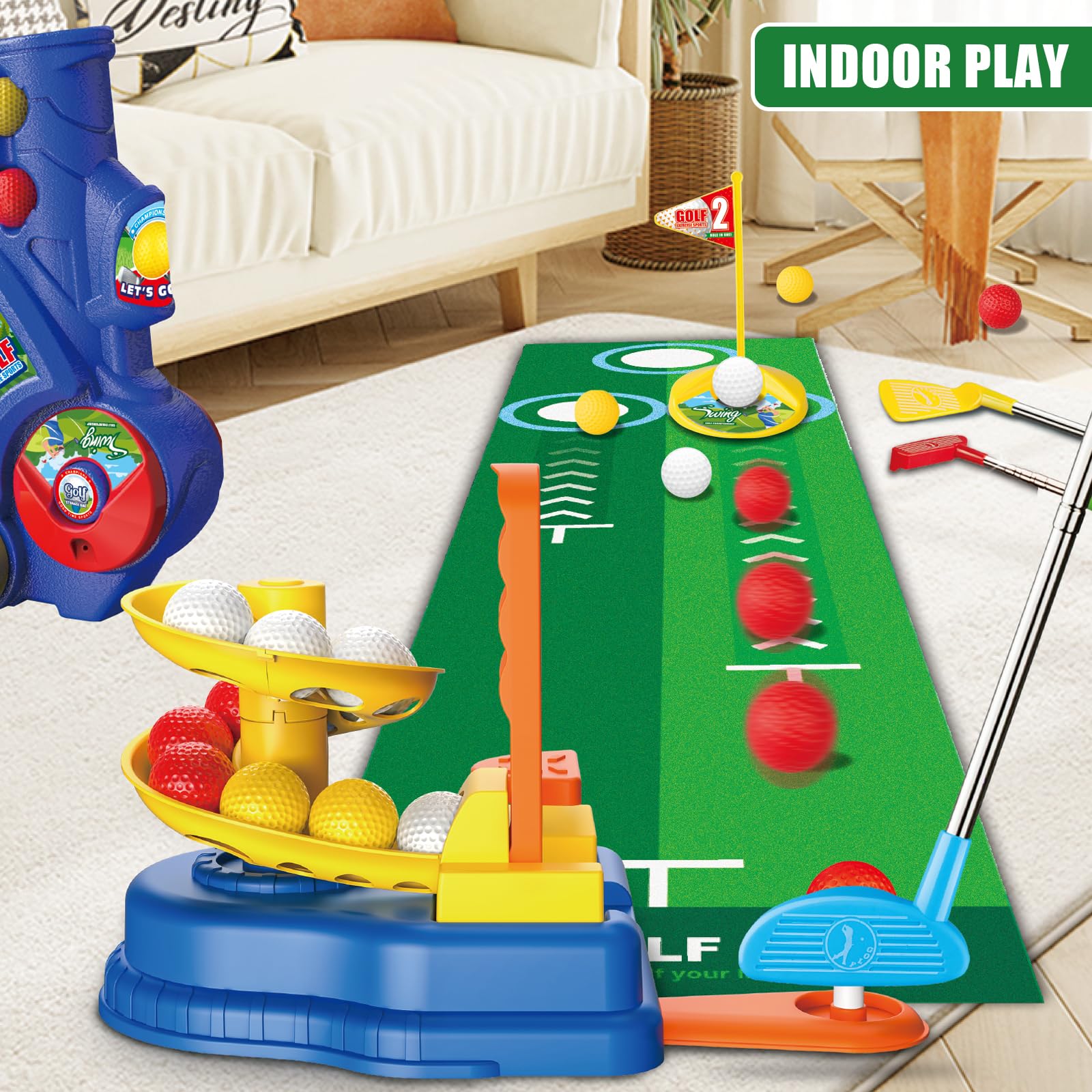 **Kids Golf Clubs Set for Toddlers Ages 3-7 - 2-in-1 Mini Golf Toy with Cart, Ball Launcher, 20 Balls, Putting Mat & Board - Indoor & Outdoor Sports Toys for Backyard, Playroom & Birthday Gifts**