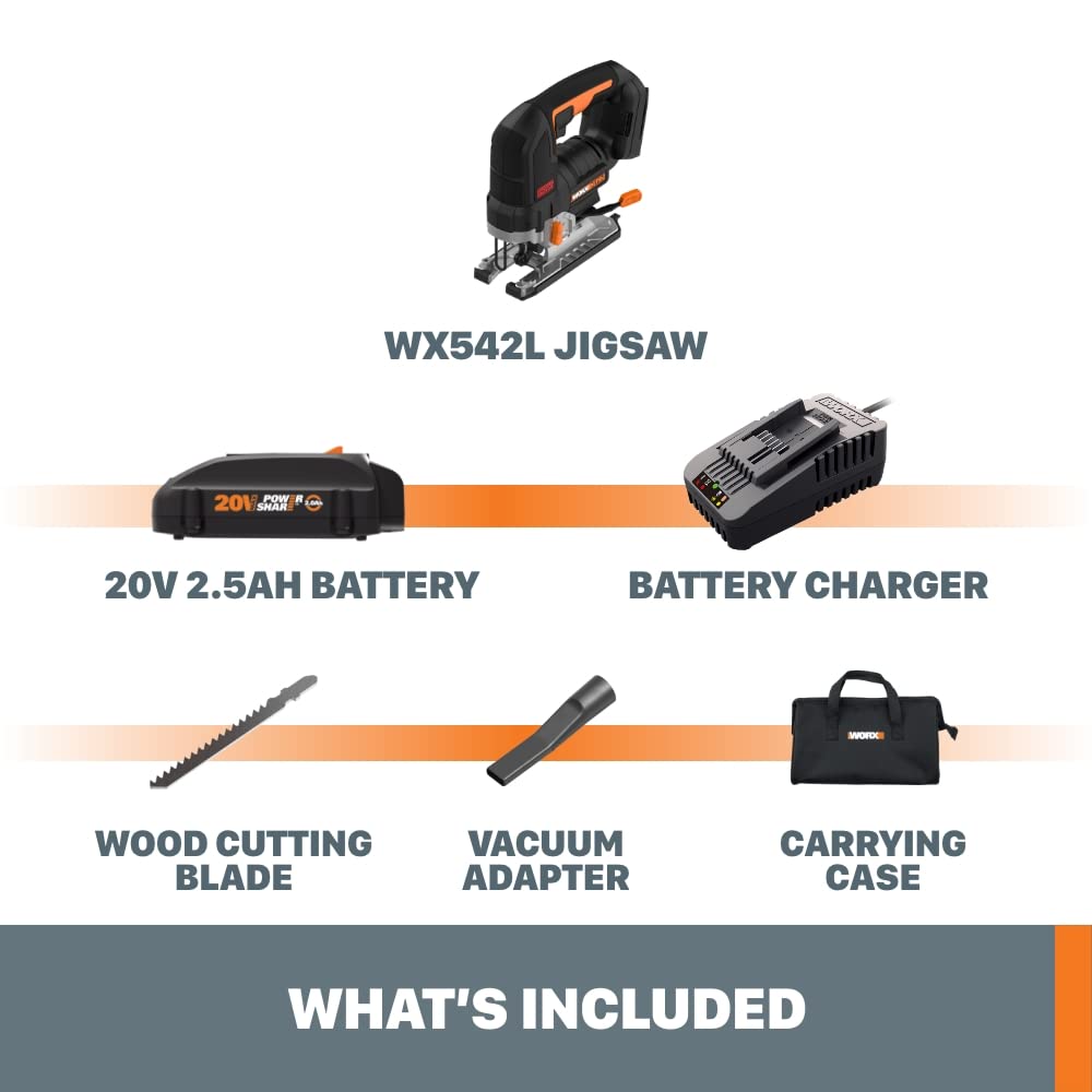 Worx NITRO 20V Cordless Jigsaw with Brushless Motor - WX542L (Includes Battery & Charger) - Perfect for DIY Woodworking, Home Renovation & Craft Projects