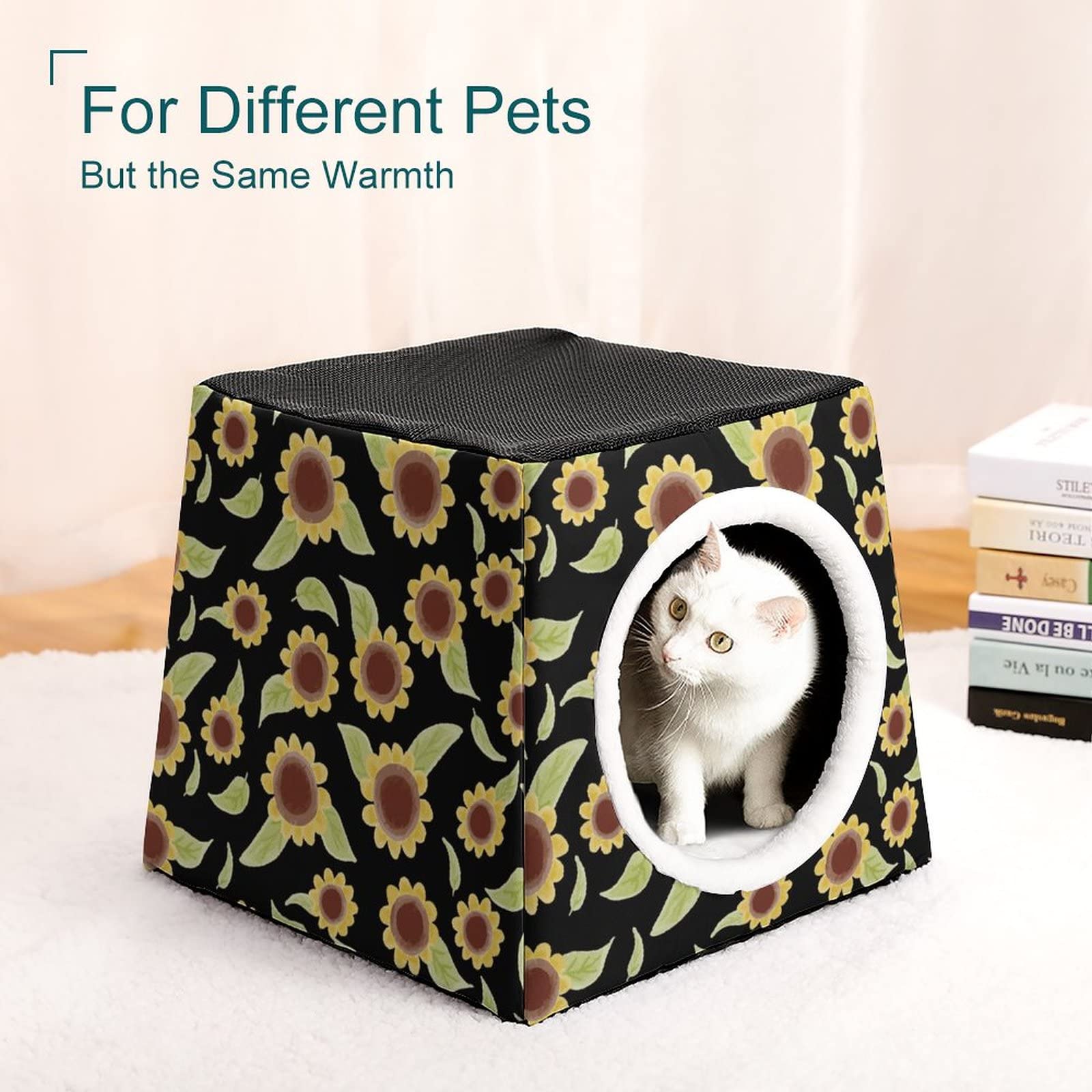 Printed Cat Houses & Condos - Foldable Cat Cube Bed with Removable Sunflower Pillow - Cozy Pet Sofa for Indoor Cats - Perfect for Napping, Playing & Relaxing in Home