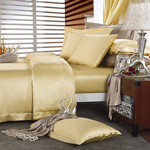 19MM Heavy Weight Seamless Silk Sheets Set - 4pc Queen Size Bedding (Fitted & Flat Sheets) in Gold | Luxury Soft & Breathable for All-Season Comfort - Perfect for Master Bedrooms, Guest Rooms & Hotel Style Decor