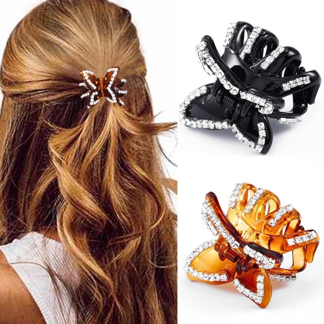 BARTOSI Small Rhinestone Butterfly Hair Claw Clips for Women & Girls - Black Mini Hair Accessories (2-Pack) | Perfect for Ponytails, Updos & Everyday Hairstyles