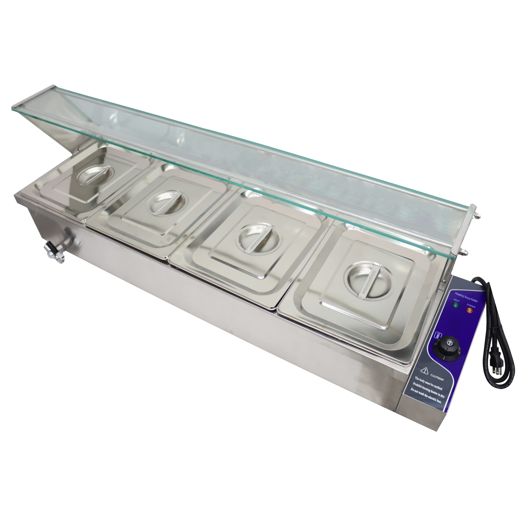 TECHTONGDA 4-Pan Commercial Food Warmer | 6-Inch Deep Stainless Steel Bain Marie with Glass Shield | Perfect for Buffets, Catering & Restaurant Food Service