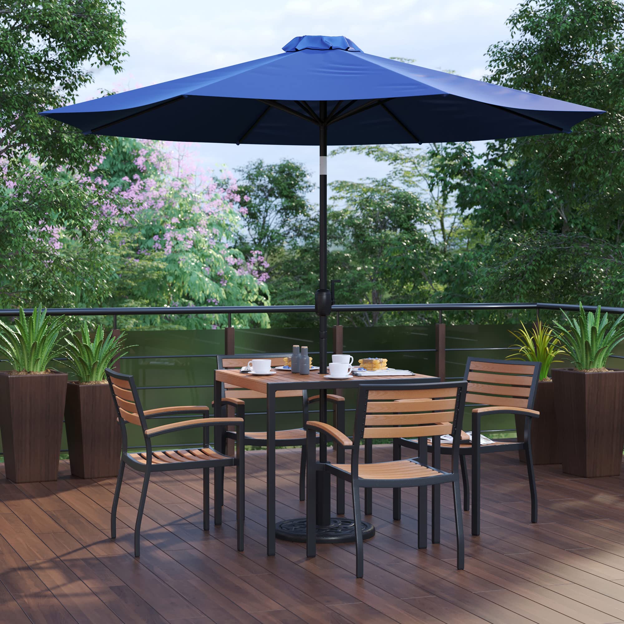 Flash Furniture Lark 7-Piece Outdoor Patio Dining Set - 4 Stackable Synthetic Teak Arm Chairs & 35