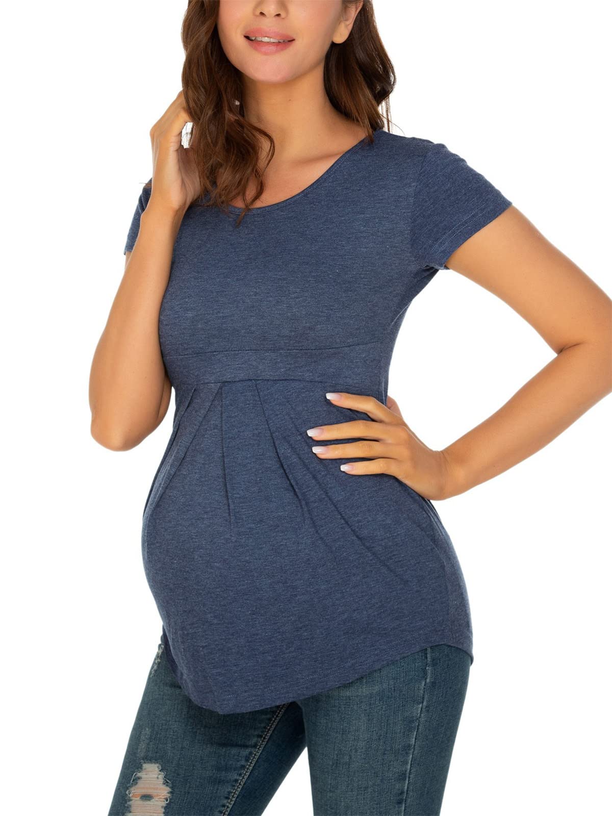 Glampunch Women's Maternity Tops - Short & 3/4 Sleeve Round Neck Peplum Tunic Shirts for Pregnancy - Comfortable Stretch Fabric for Work, Casual Wear & Maternity Photos
