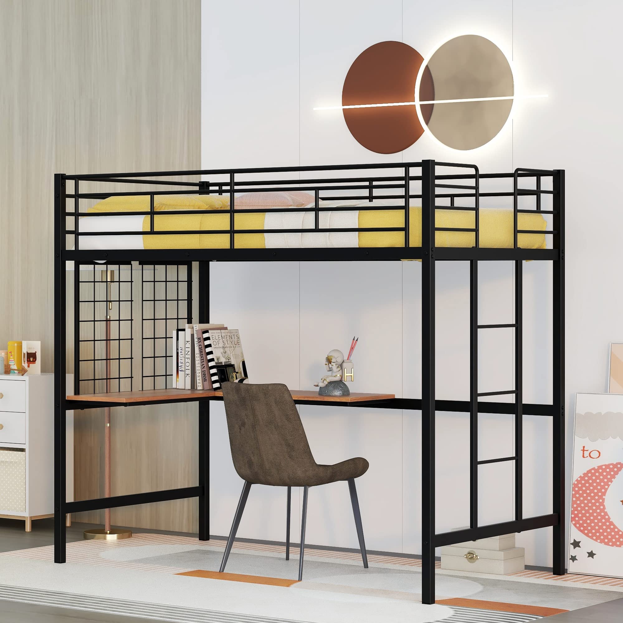 Twin Metal Loft Bed with Study Desk & Storage - Space-Saving Bunk Bed for Kids & Teens - Black Sturdy Metal Frame for Bedroom, Dorm Room or Small Spaces