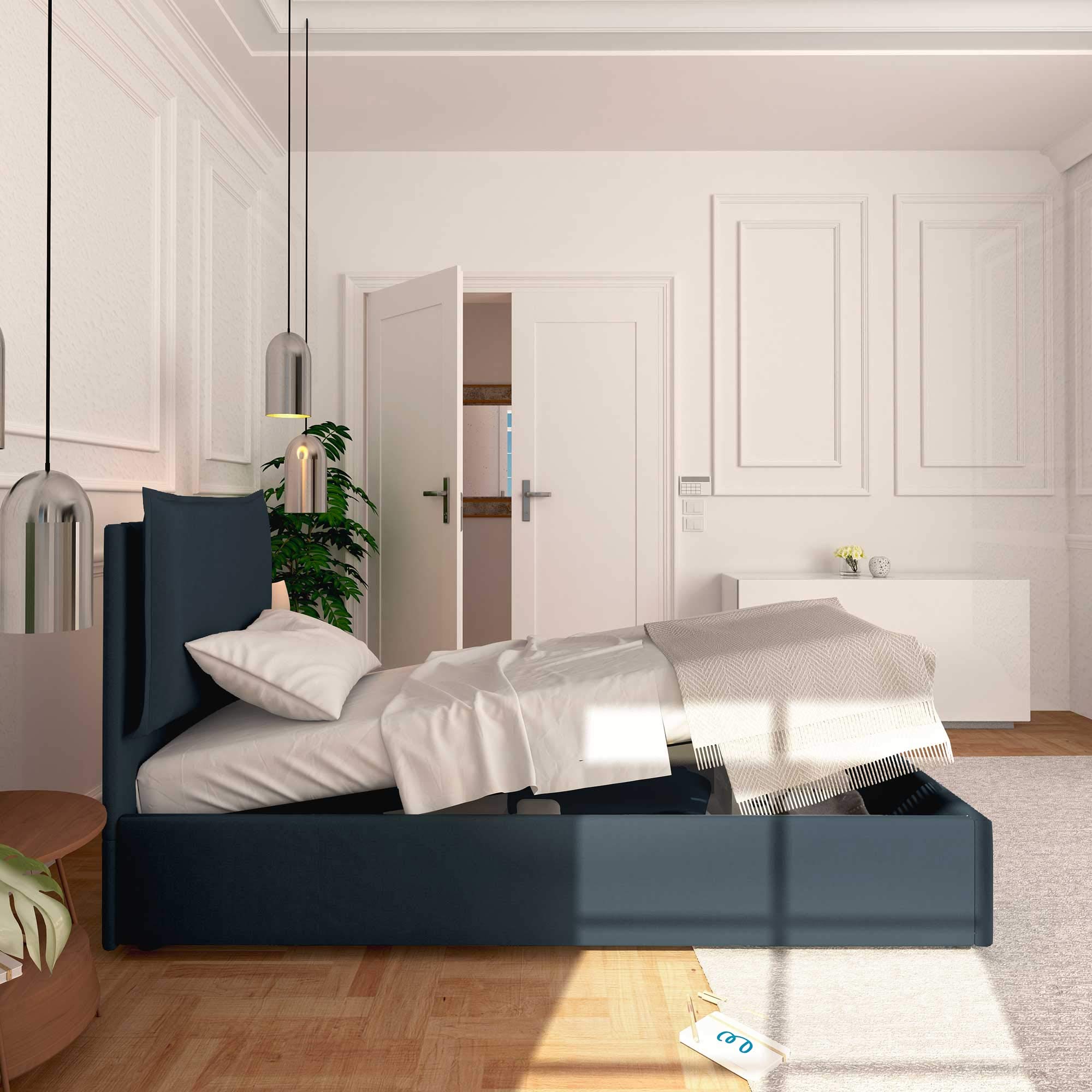 Baldiflex Single Bed with Storage, Licia Model, Synthetic Leather Upholstery, Slatted Base for Single Mattress, 90 x 190 cm, Padded Headboard, Blue Grey - Perfect for Small Bedrooms, Guest Rooms & Studio Apartments